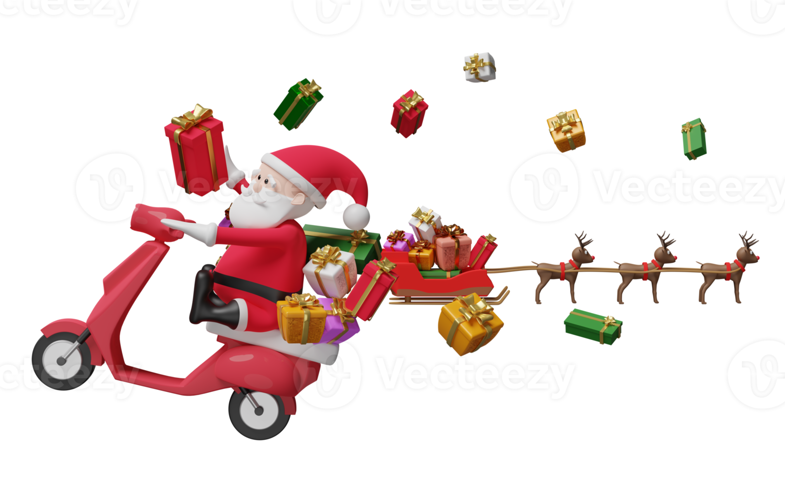 Santa claus with scooter, reindeer sleigh, gift box isolated. website, poster or Happiness cards, festive New Year, online delivery order tracking concept, 3d illustration or 3d render png