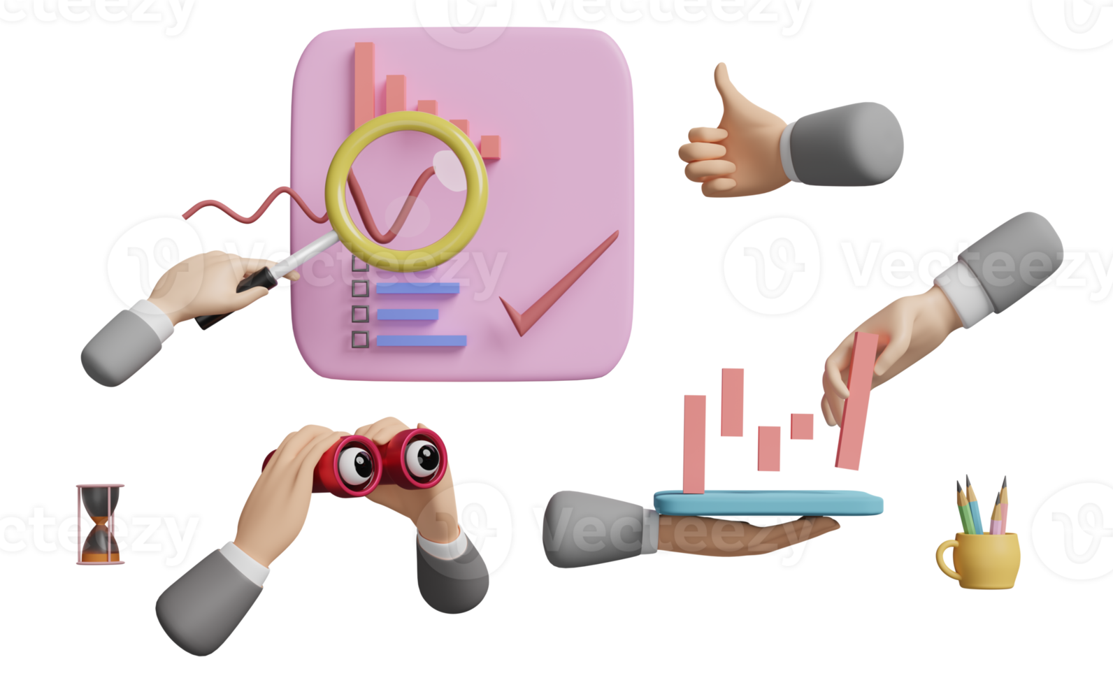 diagramme und diagramm mit geschäftsmannhand, analysegeschäftsfinanzdaten, lupe, fernglas, online-marketing lokalisiert. geschäftsstrategiekonzept, 3d-illustration oder 3d-rendering png