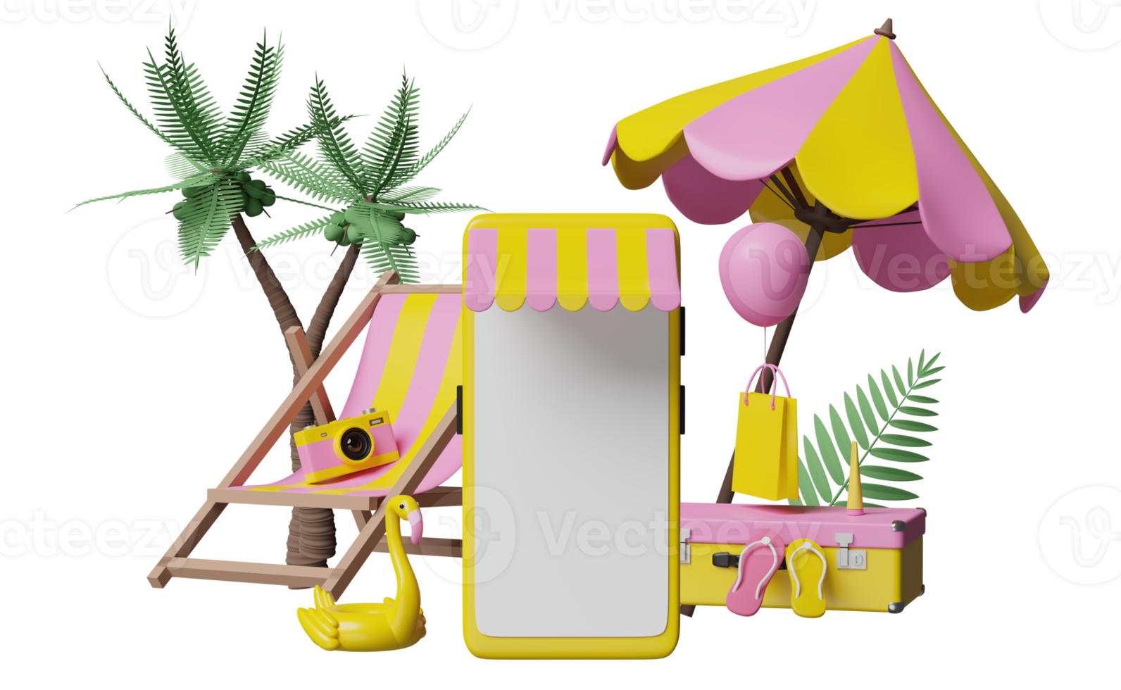 telefone celular, frente de loja de smartphone com mala, cadeira de praia, flamingo inflável, folha de palmeira, sacos de papel de compras, guarda-chuva, conceito de venda de verão de compras on-line, ilustração 3d ou renderização 3d png