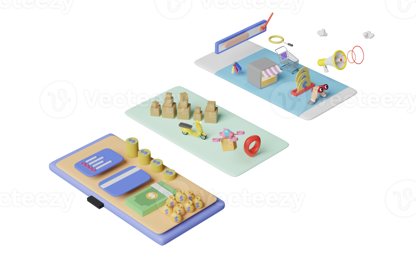 téléphone portable ou smartphone avec devanture de magasin, drone de livraison, mégaphone, recherche de panier d'achat isolé. entreprise de franchise ou concept d'achat en ligne, illustration 3d ou rendu 3d png