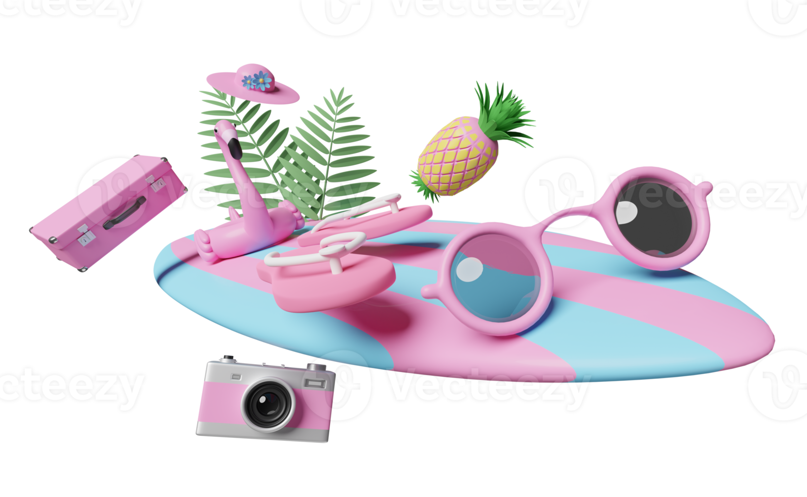 viagens de verão com mala rosa, óculos de sol, prancha de surf, flamingo inflável, palm, sandálias, chapéu, câmera isolada. ilustração 3d do conceito ou renderização 3d png