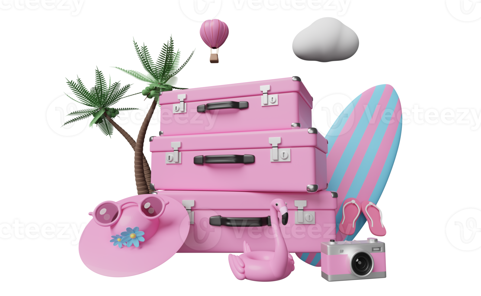 summer travel with pink suitcase, sunglasses, surfboard, Inflatable flamingo, palm, sandals, hat, camera isolated. concept 3d illustration or 3d render png