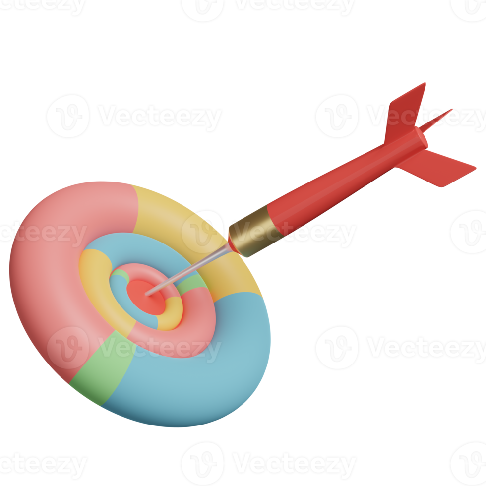 cible avec des fléchettes rouges ou une flèche isolée. illustration 3d ou rendu 3d png