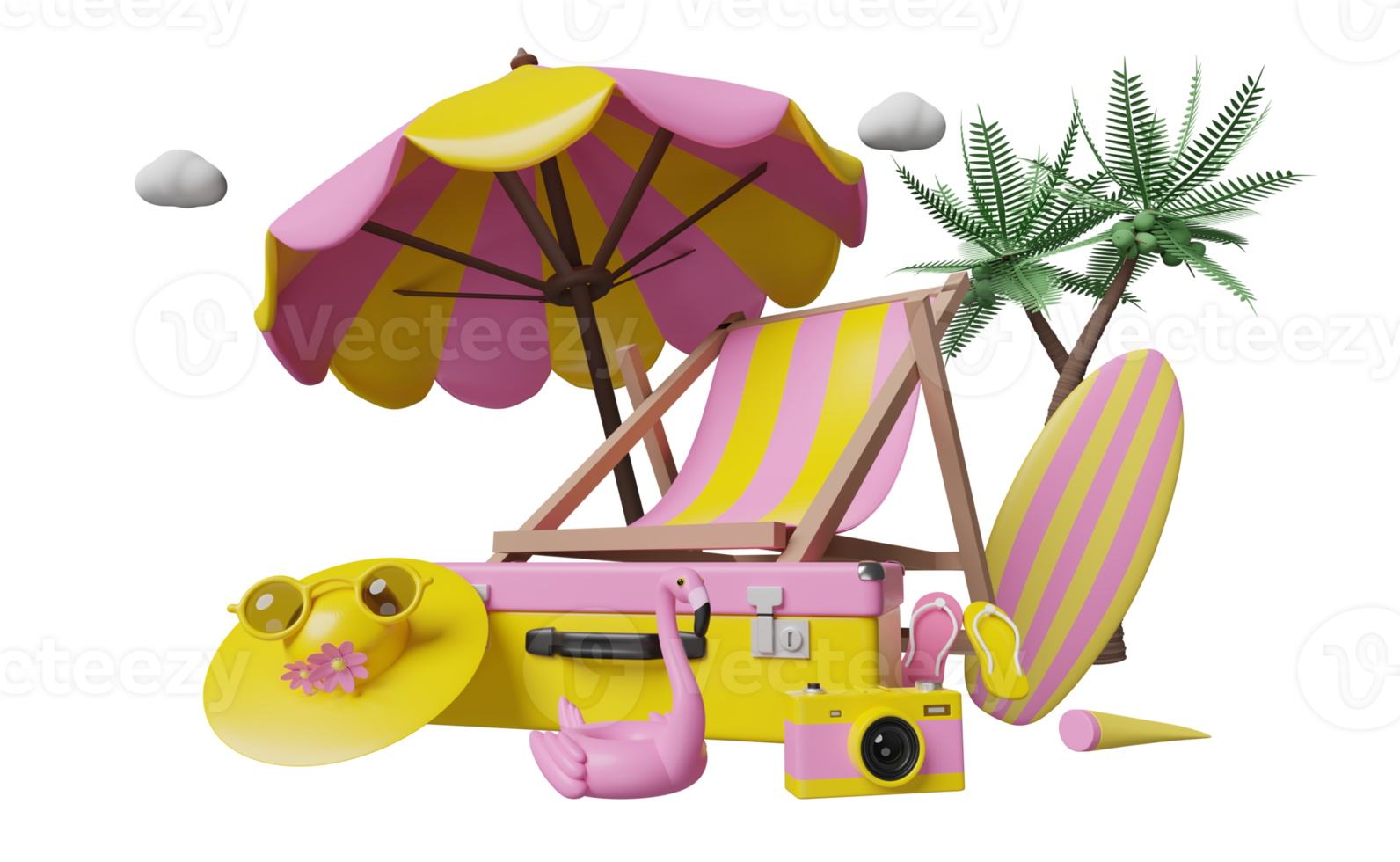 summer travel with yellow pink suitcase, beach chair, sunglasses, camera, umbrella, Inflatable flamingo, sandals, hat, palm, camera isolated. concept 3d illustration or 3d render png