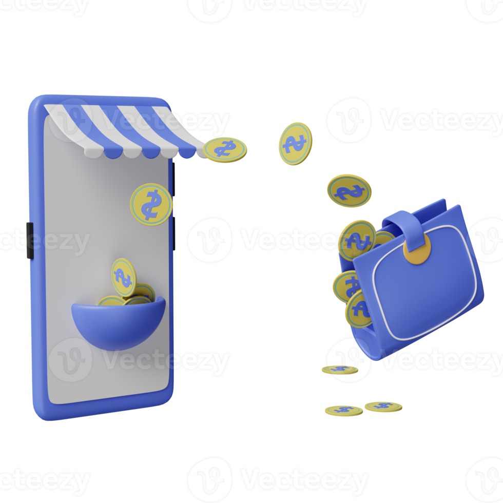 wallet and mobile phone or smartphone with store front, coins saving money concept isolated. 3d illustration or 3d render png