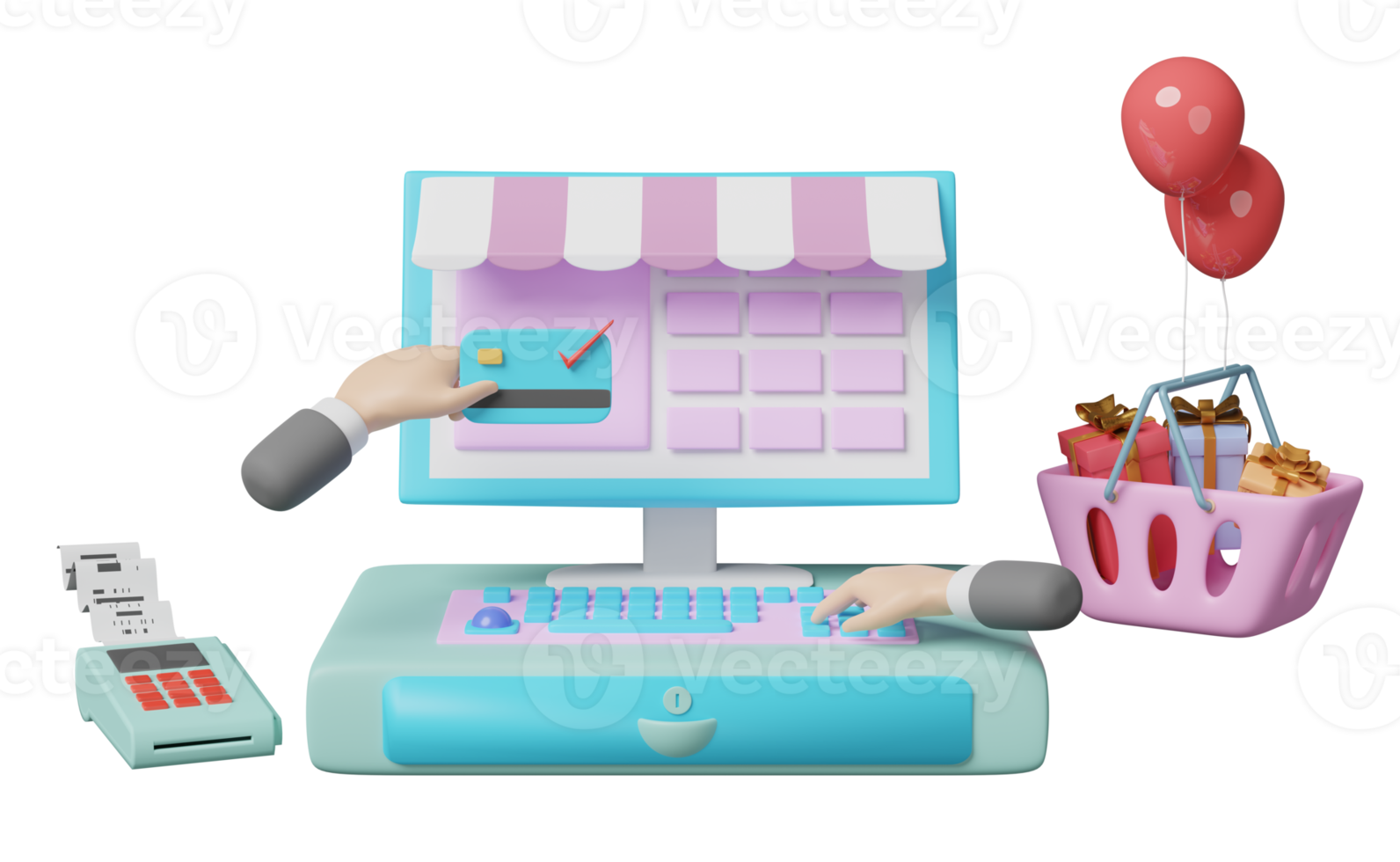 contant geld registreren machine met pos terminal, elektronisch Bill betaling, factuur of papier controleren ontvangst, zakenman hand, boodschappen doen mand, geschenk doos geïsoleerd. 3d illustratie of 3d geven png