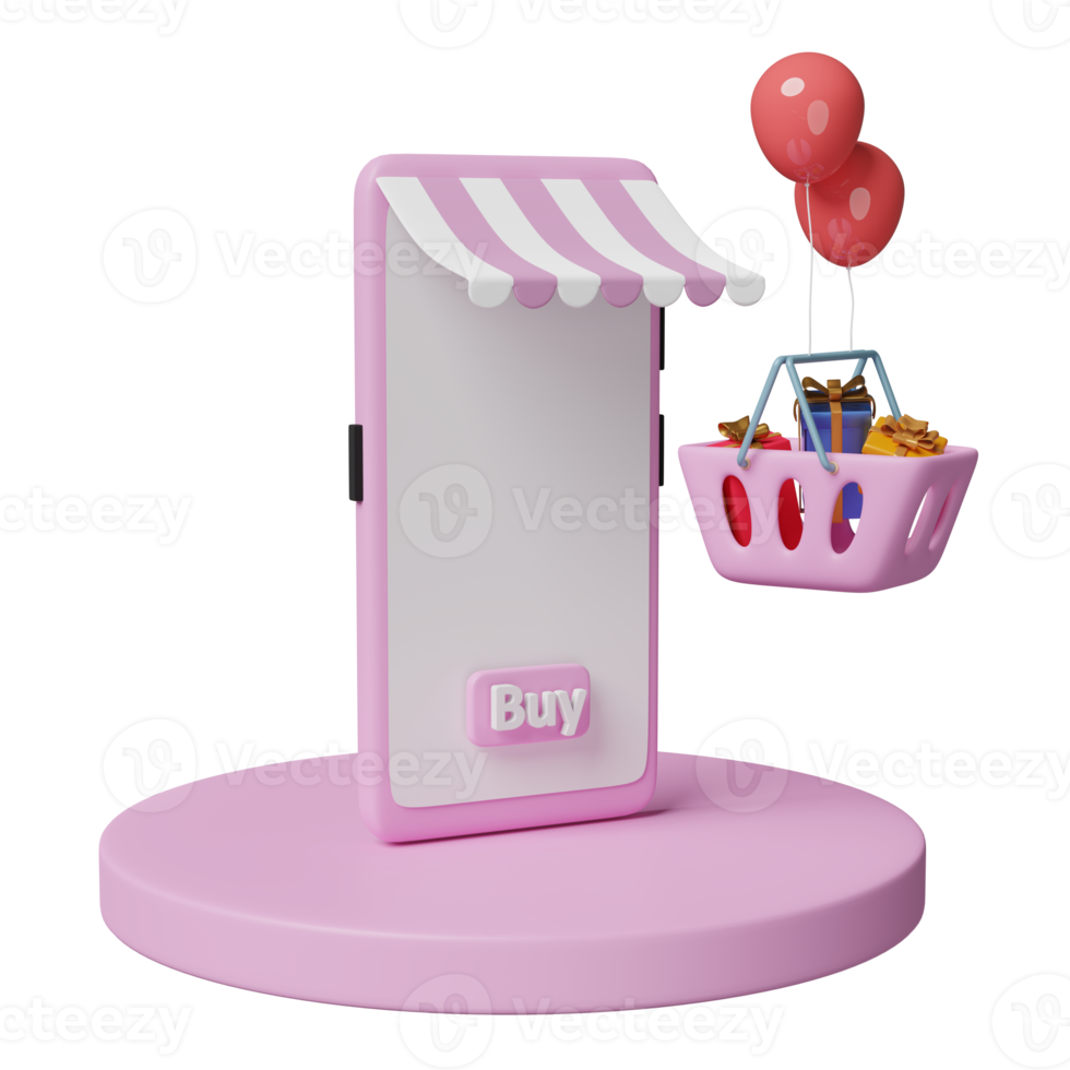 mobile phone or smartphone with store front, pink cylinder podium, shopping basket, gift box isolated. franchise business or online shopping concept, 3d illustration or 3d render png