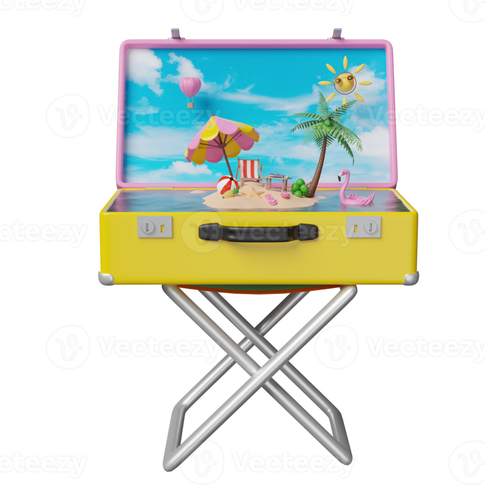 summer travel with field chair, yellow suitcase, beach chair, island, camera, umbrella, Inflatable flamingo, palm, sandals, plane, cloud isolated. concept 3d illustration, 3d render png