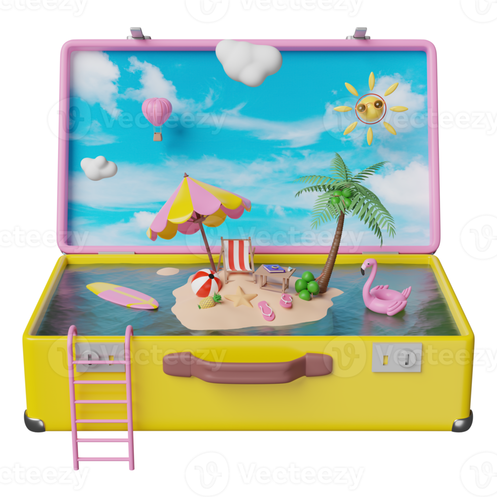 viaje de verano con maleta amarilla, silla de playa, isla, cámara, paraguas, flamenco inflable, cocotero, sandalias, avión, nube aislada. concepto de ilustración 3d, renderizado 3d png