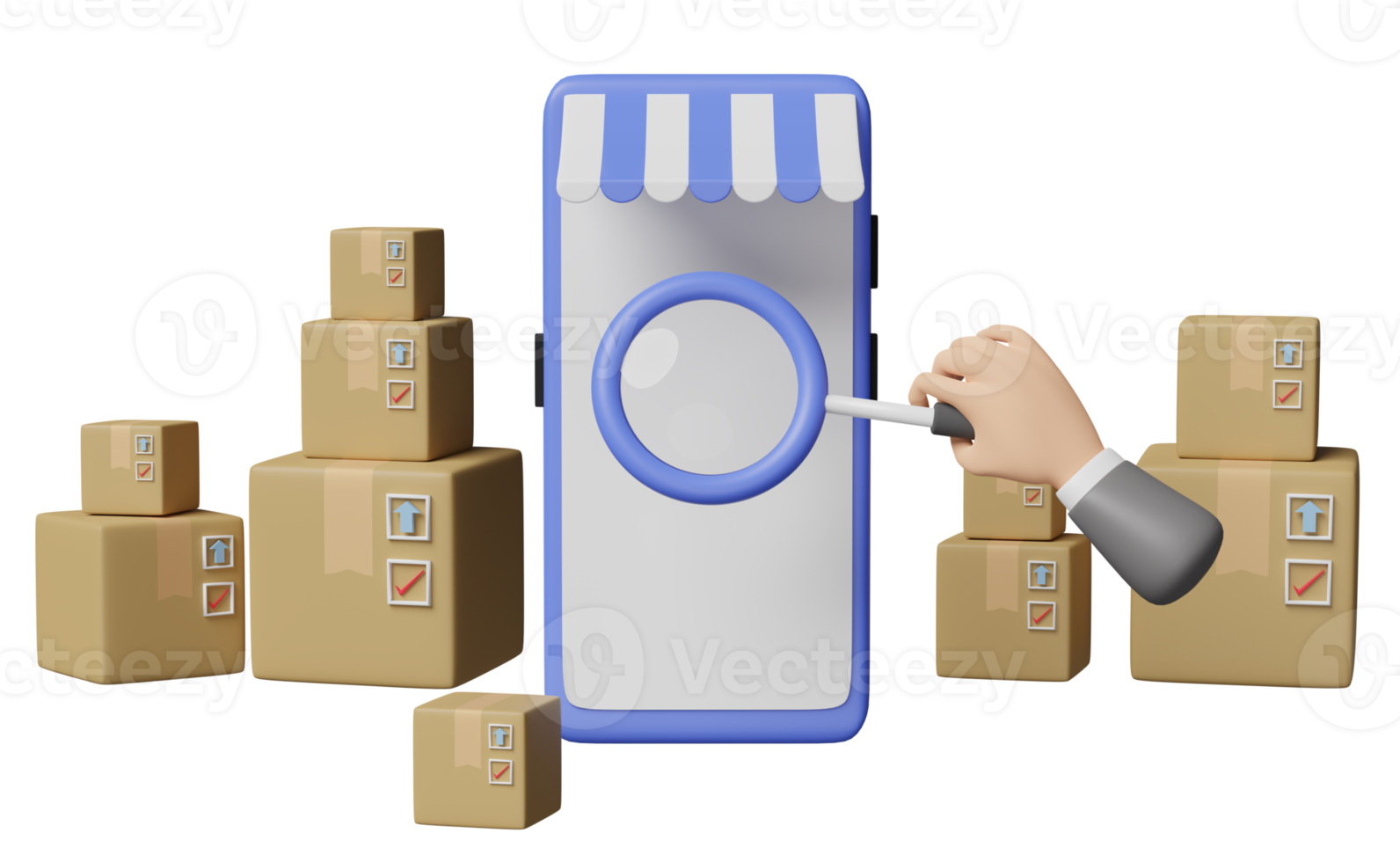 mobile phone, smartphone with store front, businessman hand holding magnifying glass, goods box isolated. online shopping or search data order tracking concept, 3d illustration or 3d render png