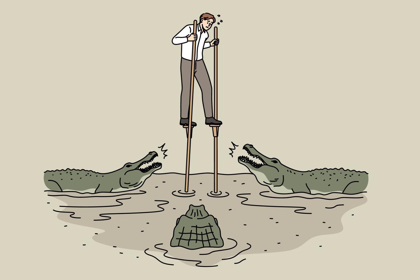 Business danger and challenge concept. Young stressed businessman walking on stilts over river full of crocodiles feeling dangerous vector illustration