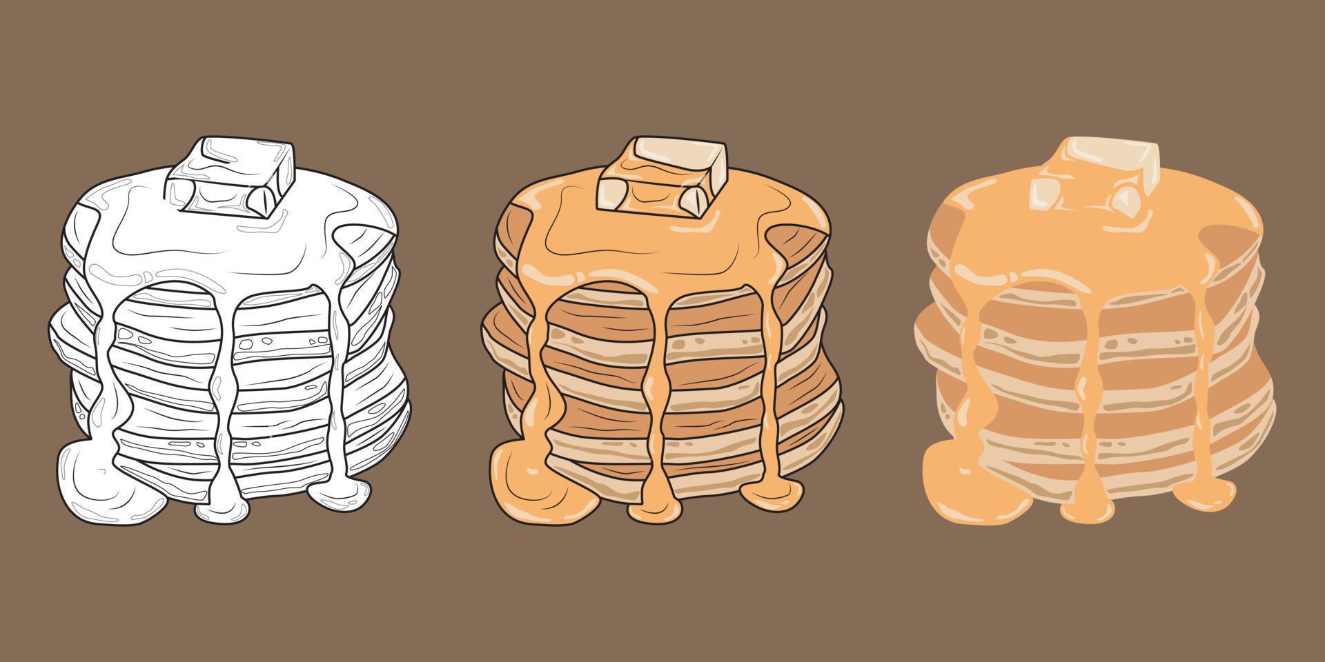three style vector pancakes with butter and maple syrup or honey.