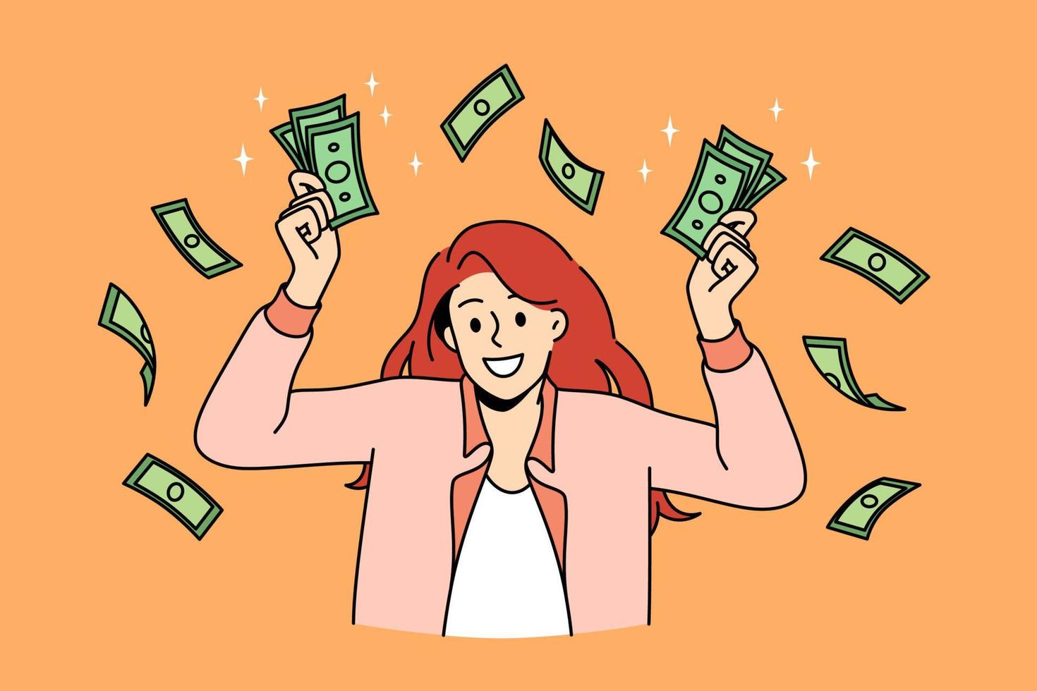 Financial success and wealth concept. Young smiling woman cartoon character standing holding heaps of green cash money in hands vector illustration