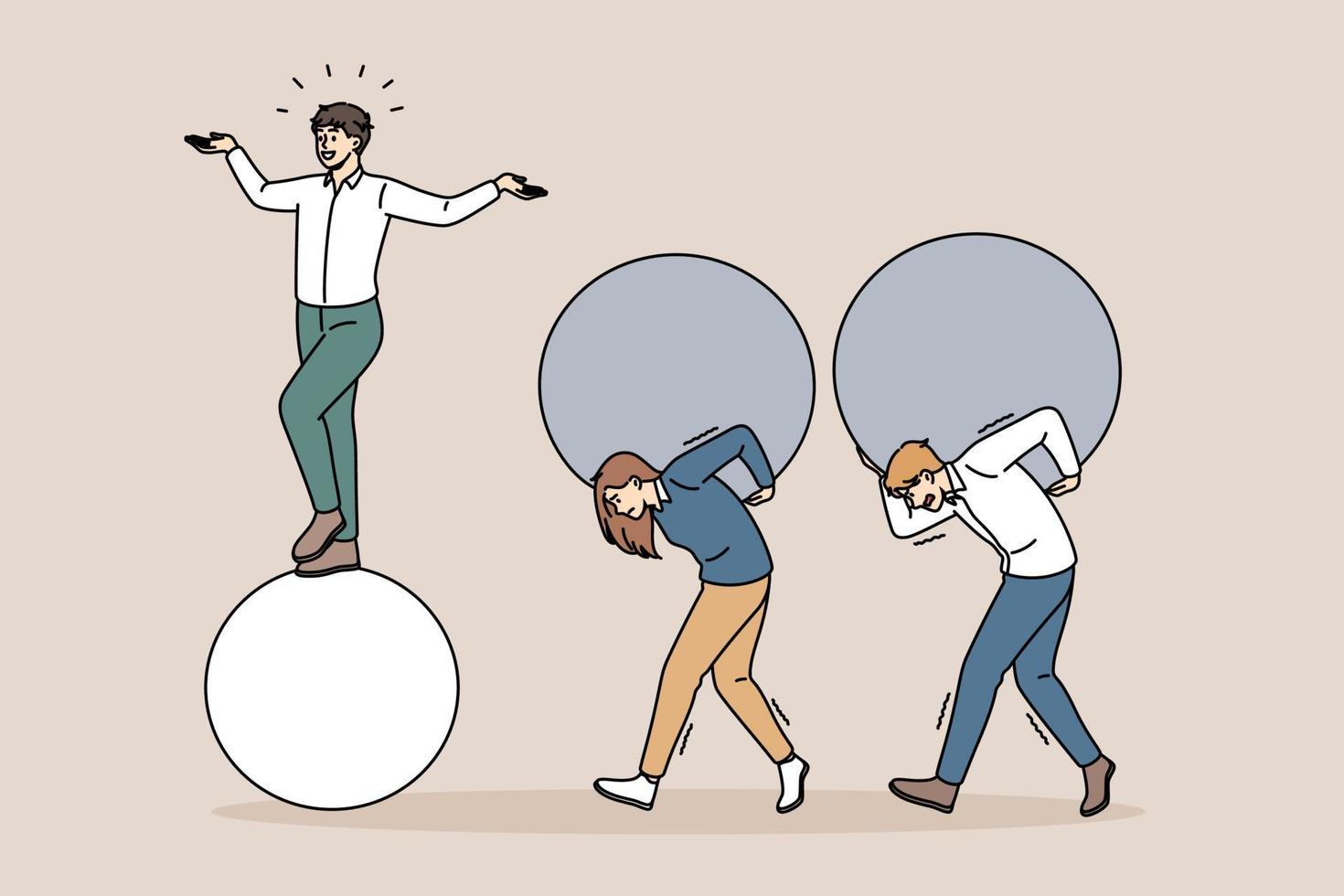 Easy business and tiredness concept. Young smiling happy confident businessman standing on ball while his colleagues carrying heavy balls on backs vector illustration