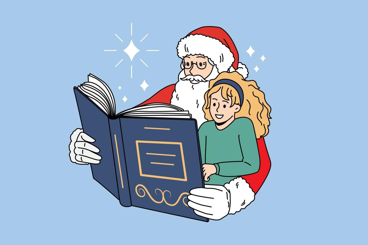 Loving Santa Claus read book with happy little girl child celebrate New Year. Caring father Christmas with kid enjoy fairytale on winter holidays. Celebration concept. Flat vector illustration.