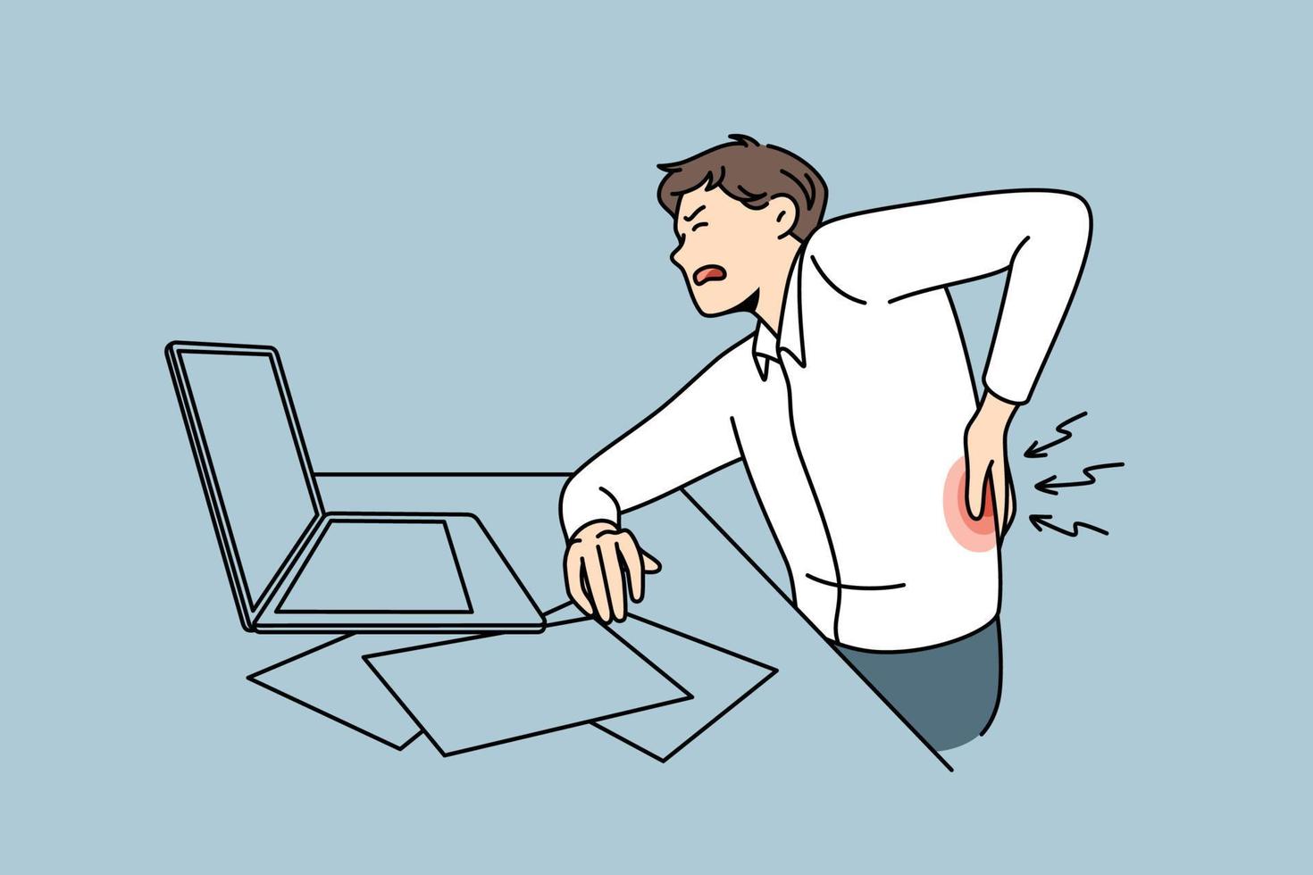 Feeling back pain in office concept. Irritated man office worker sitting at  laptop touching back feeling pain vector illustration 13530002 Vector Art  at Vecteezy