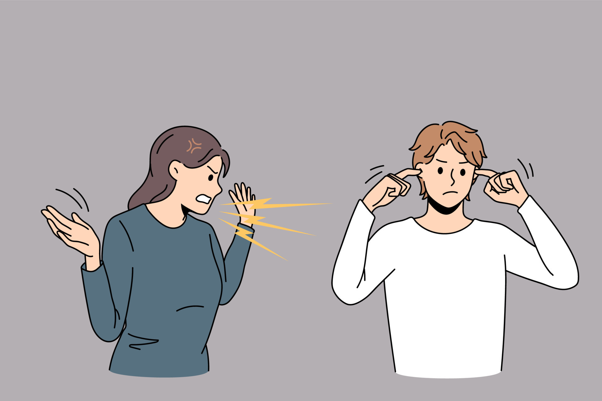 Angry woman scream yell at ignorant husband closing ears not to hear. Mad  furious wife shout at man avoid ignore fight or quarrel. Family  misunderstanding, breakup, divorce. Vector illustration. 13530004 Vector Art
