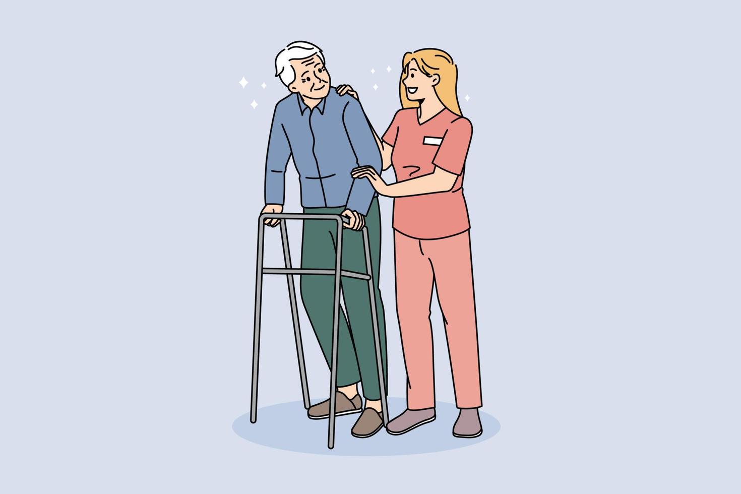 Caring nurse help older man using waling frame in hospital. Attentive positive caregiver assist elderly grandfather on walker in retirement house. Rehabilitation. Vector illustrations.