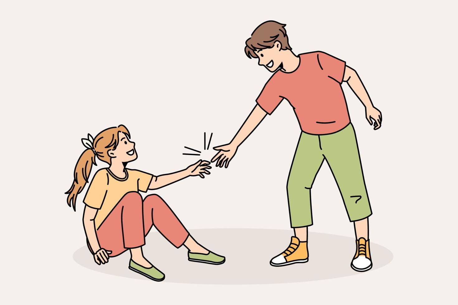 Caring boy give hand help friend rise up after falling. Kind small child show care for girl mate. Good behavior example. Upbringing and childhood. Offer aid to people in need. Vector illustration.