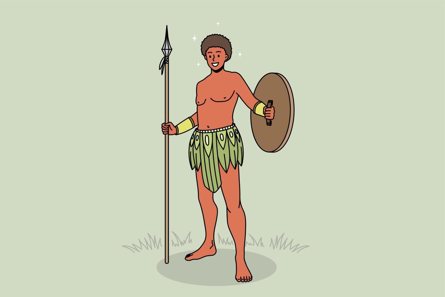 Smiling African American tribe man in breechcloth hold spear and shield. Happy ethnic aborigine wear traditional clothes and protective tools. Indigenous people of Africa. Vector illustration.