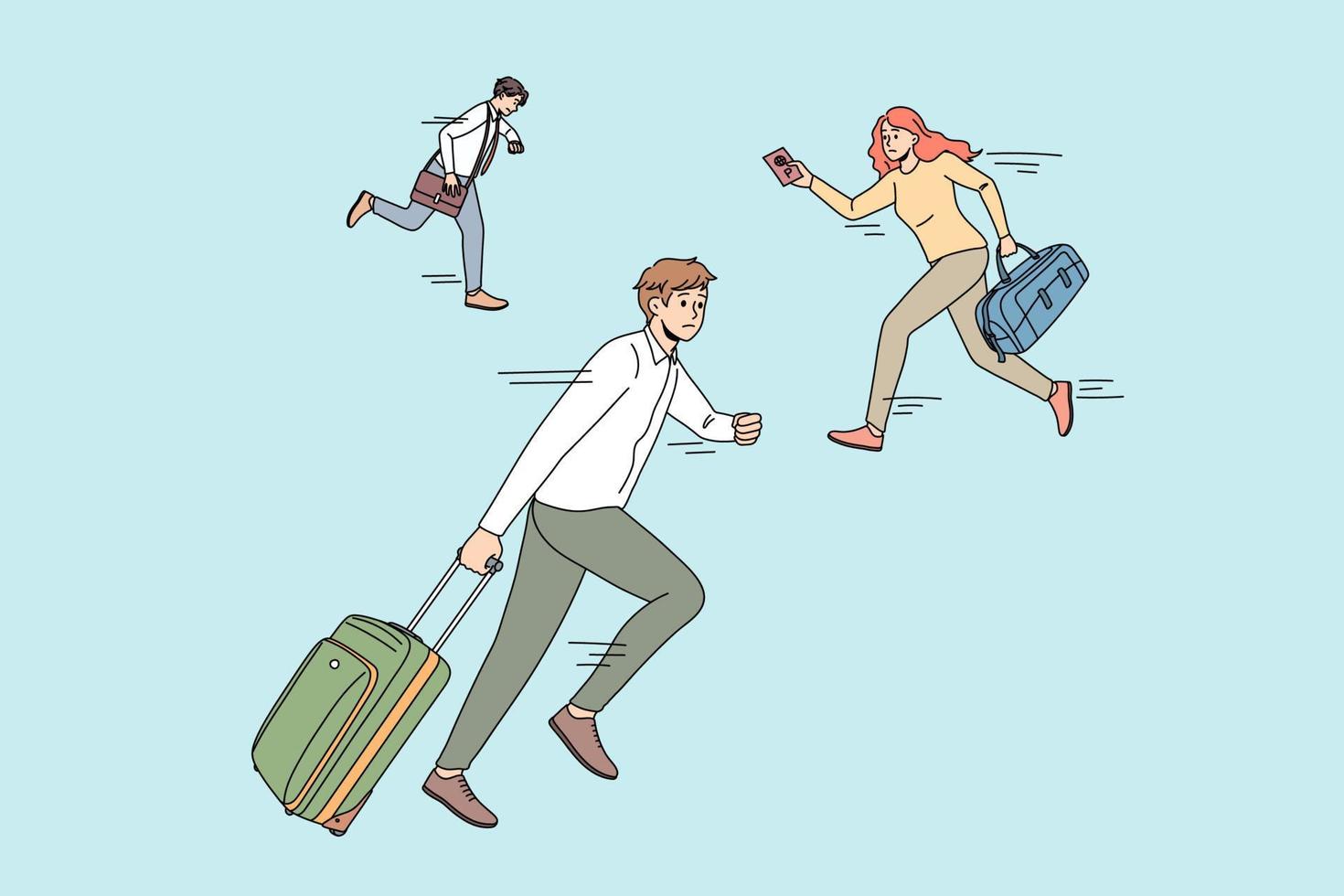 las personas ansiosas con equipaje corriendo en el aeropuerto no pierden el avión. preocupados diversos hombres y mujeres viajeros con equipaje apresurados para embarcar en la puerta. viaje y Turismo. ilustración vectorial plana. vector