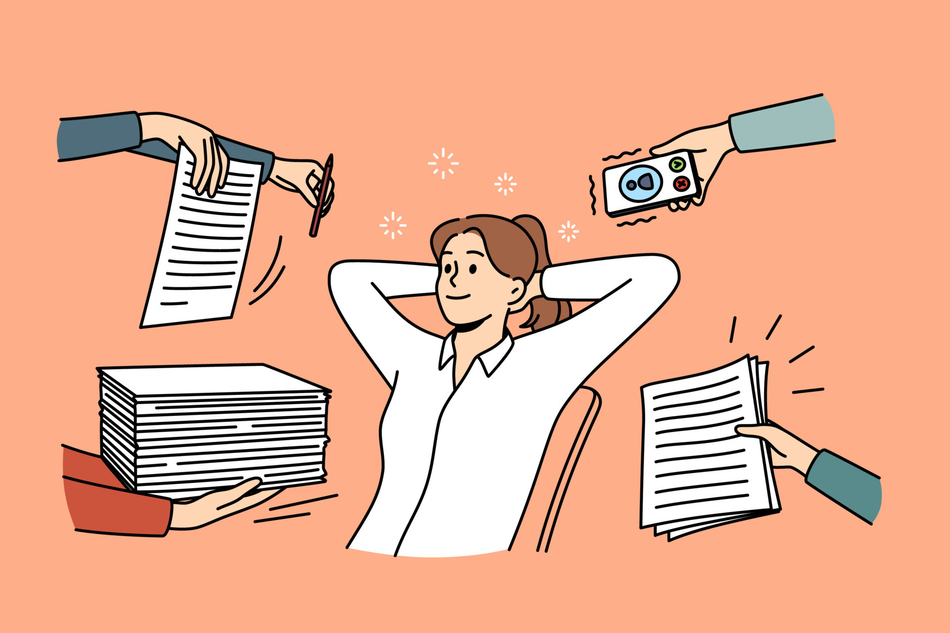 No stress and relaxation at work concept. Young relaxed woman cartoon character sitting in office smiling zen like with many duties around vector illustration 13530018 Vector Art at Vecteezy No stress and relaxation at work concept. Young relaxed woman cartoon character sitting in office smiling zen like with many duties around vector illustration 13530018 Vector Art at Vecteezy