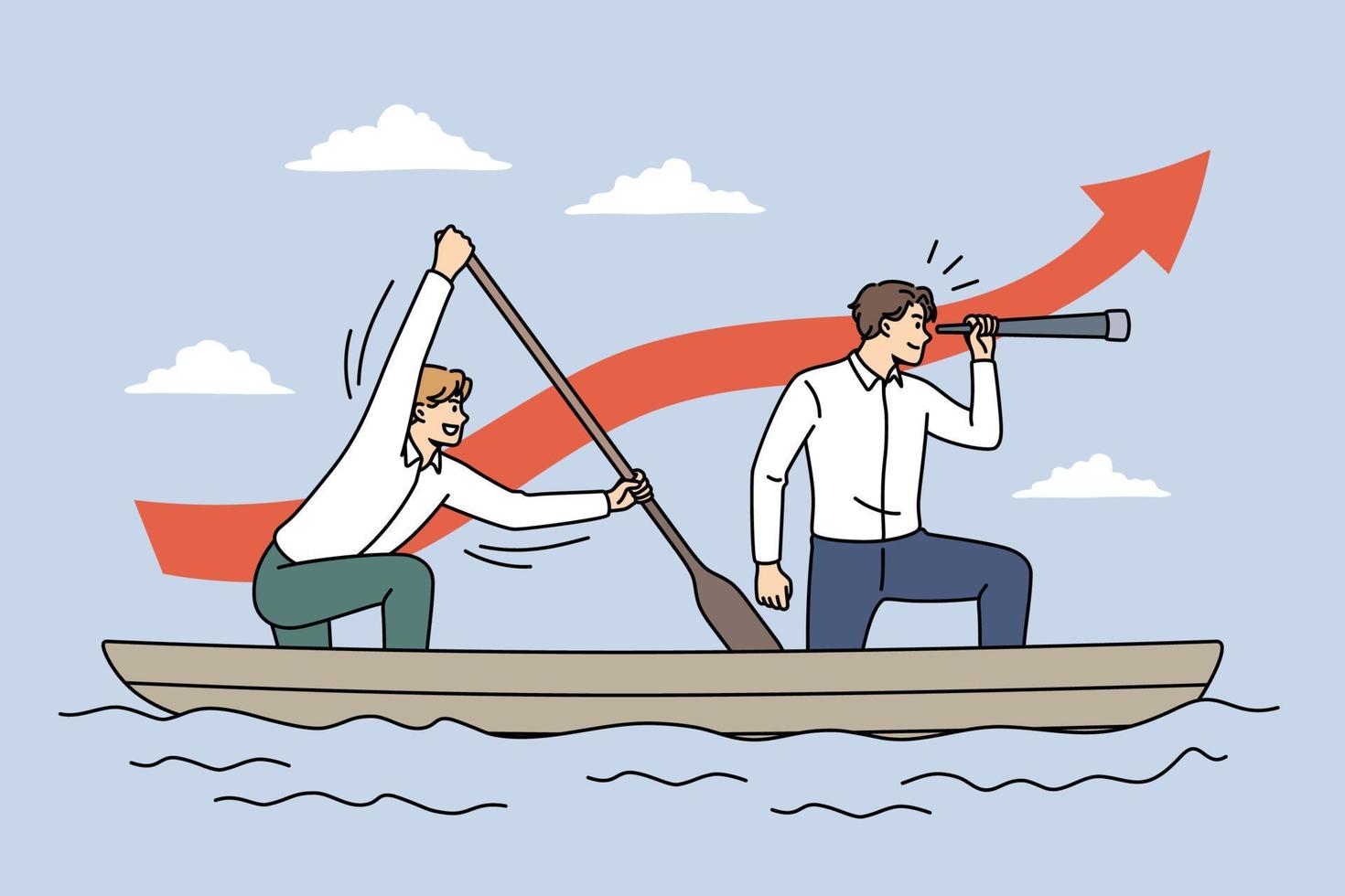 estrategia empresarial y concepto de trabajo en equipo. jóvenes hombres de negocios sentados juntos en un barco con una dirección común y mirando hacia adelante ilustración vectorial vector