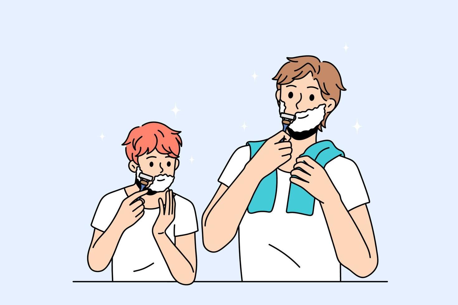 Happy caring young father teach teenage son shaving beard in home bathroom. Loving dad and teen child use razor for face care. Children growing up, upbringing. Fatherhood. Vector illustration.