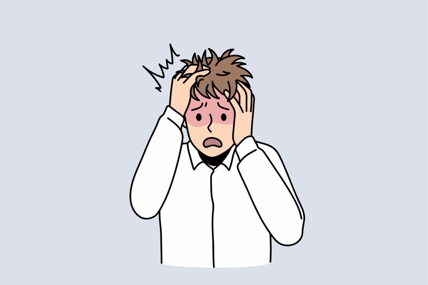 Anxious young man feel distressed worried suffer from panic attack or anxiety. Unhappy unwell guy struggle with depression or mental problems. Psychological instability concept. Vector illustration.