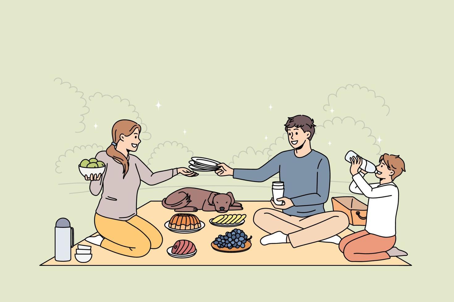 la familia feliz con el niño y el perro se sientan en una manta en el parque y disfrutan juntos del picnic de fin de semana. los padres sonrientes se relajan con los niños y las mascotas comen fuera en las vacaciones de verano. relajación. ilustración vectorial vector