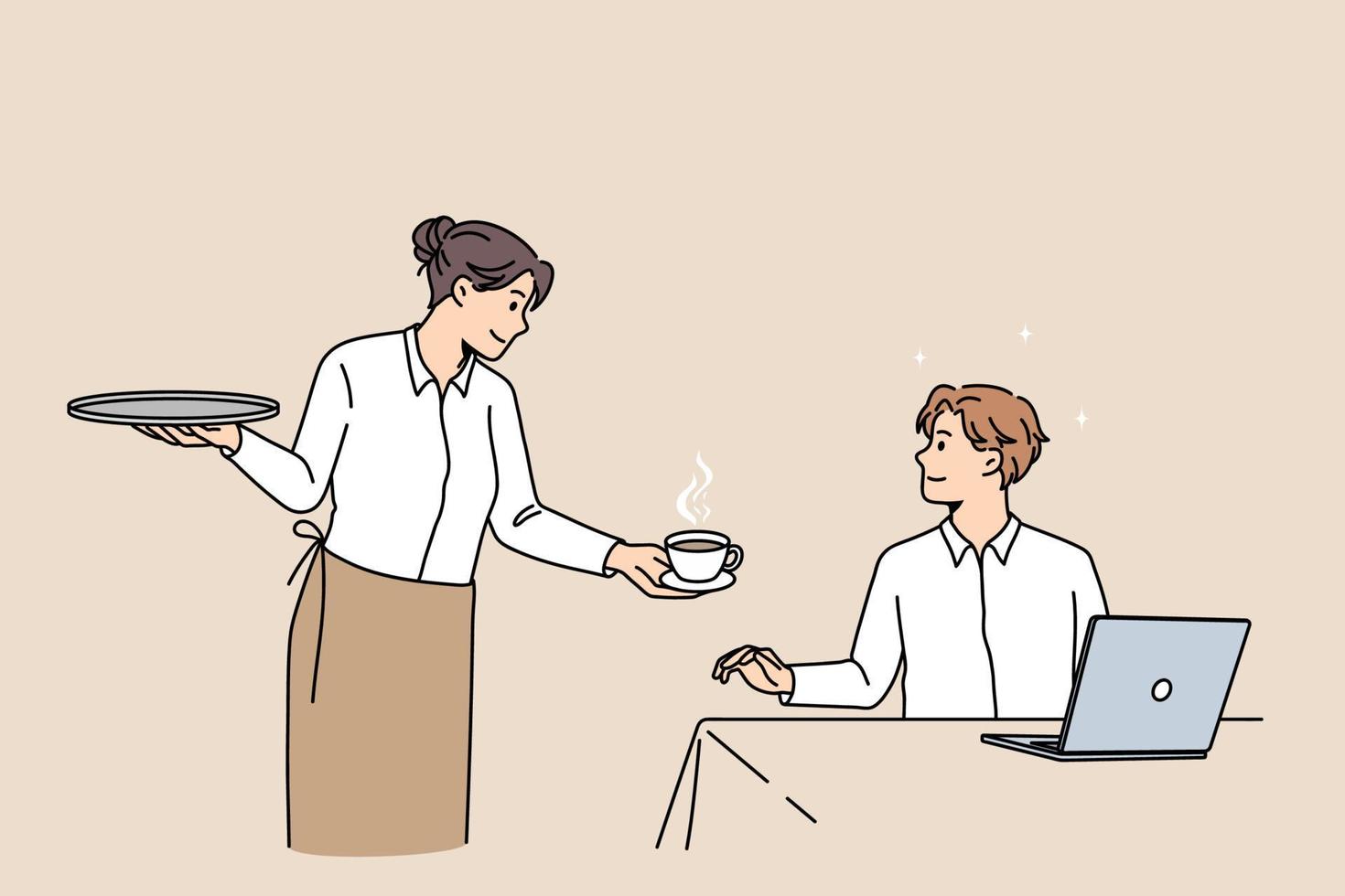 Smiling waitress serving coffee to male client in coffeeshop. Happy guy customer sit indoors in coffee shop get hot cappuccino drink from barista. Good quality service concept. Vector illustration.