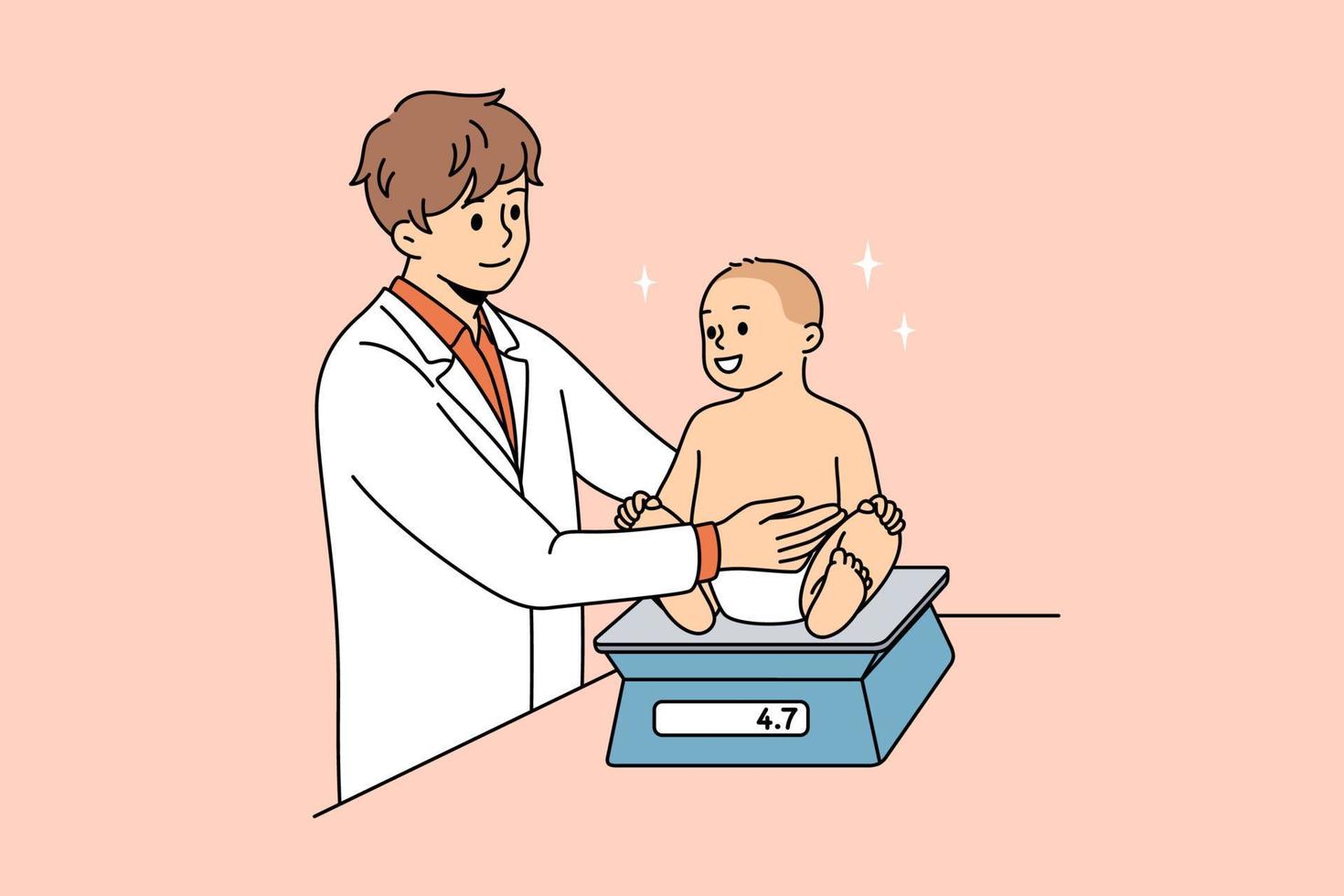 trabajando como pediatra con el concepto de bebés. joven médico en uniforme blanco de pie y midiendo el peso del bebé feliz con escalas ilustración vectorial vector