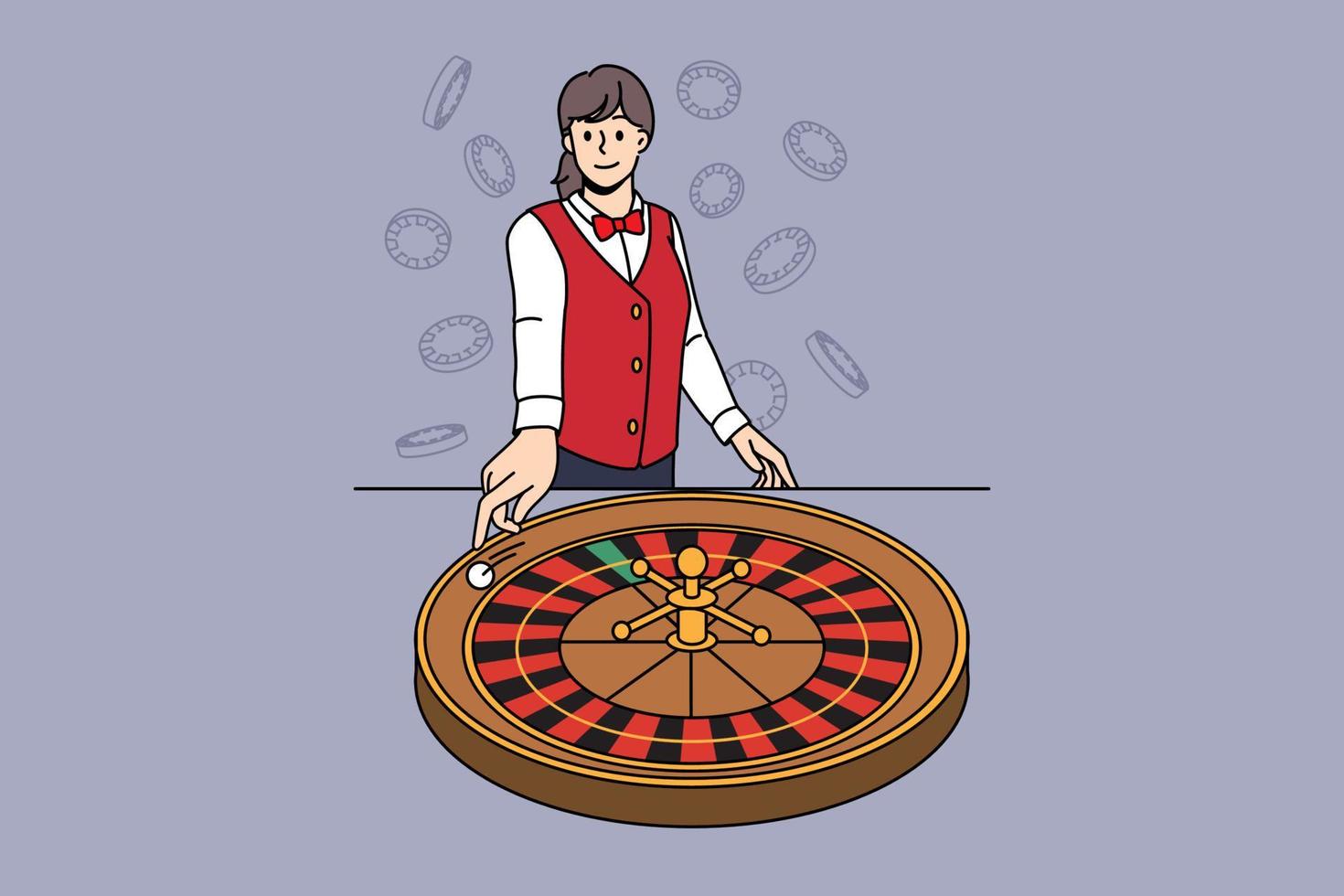 Smiling female croupier spin roulette work in casino. Happy woman stick whirl wheel in gaming house. Gambling and risky games. Entertainment and amusement. Vector illustration.