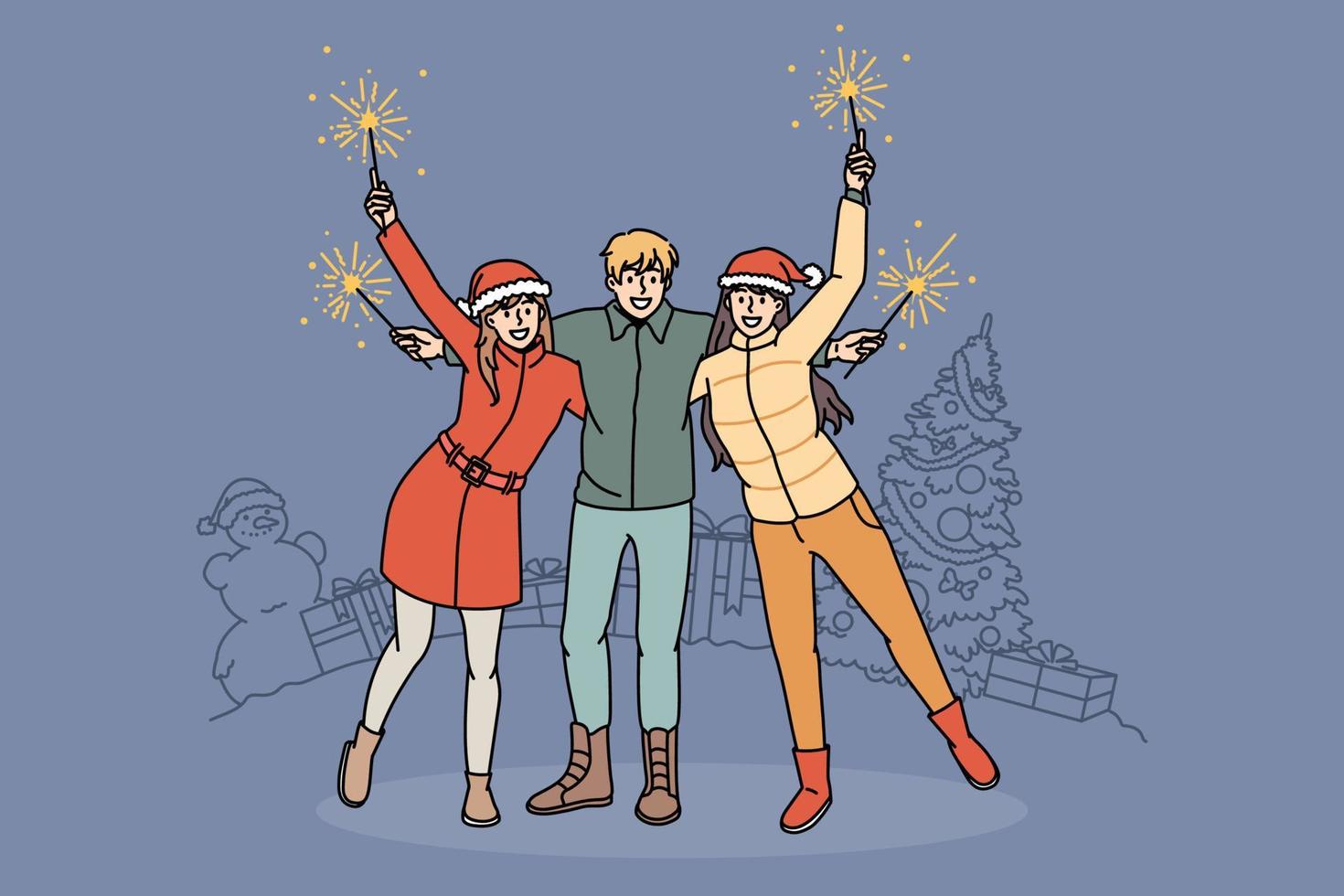 diversos amigos encantados se relajan al aire libre con luces celebran el año nuevo juntos. los jóvenes sonrientes se divierten disfrutan de las vacaciones de invierno de navidad. celebración, vacaciones. ilustración vectorial vector