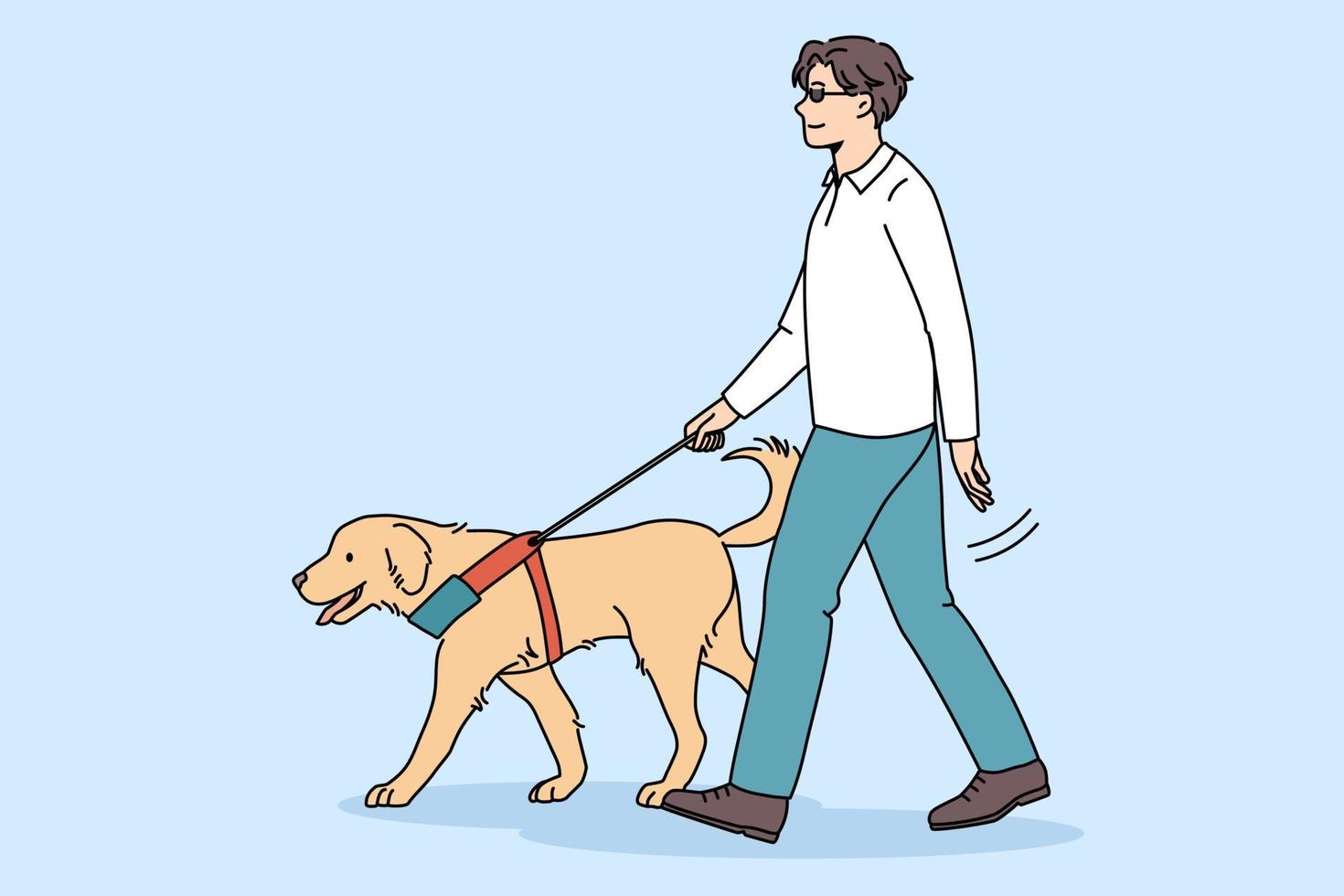 Blind man walk outdoor with guide dog assistance. Professional trained pet puppy help disabled impaired guy on streets. Visual impairment concept. Service animal and people. Vector illustration.