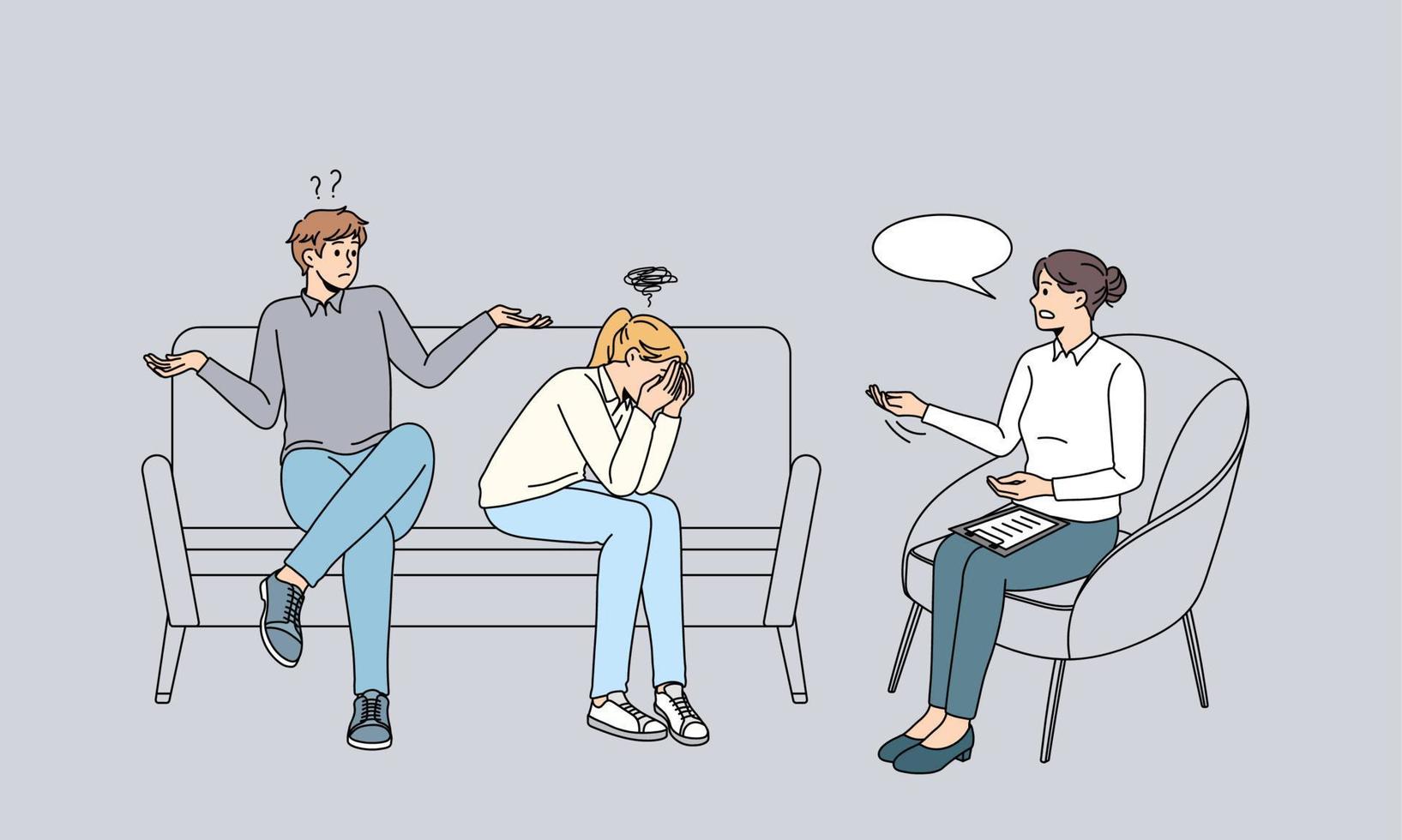 Counselor specialist talk speak with couple having fight or argument. Psychologist help give advice to unhappy spouses suffer from relation problem. Divorce, breakup. Vector illustration.