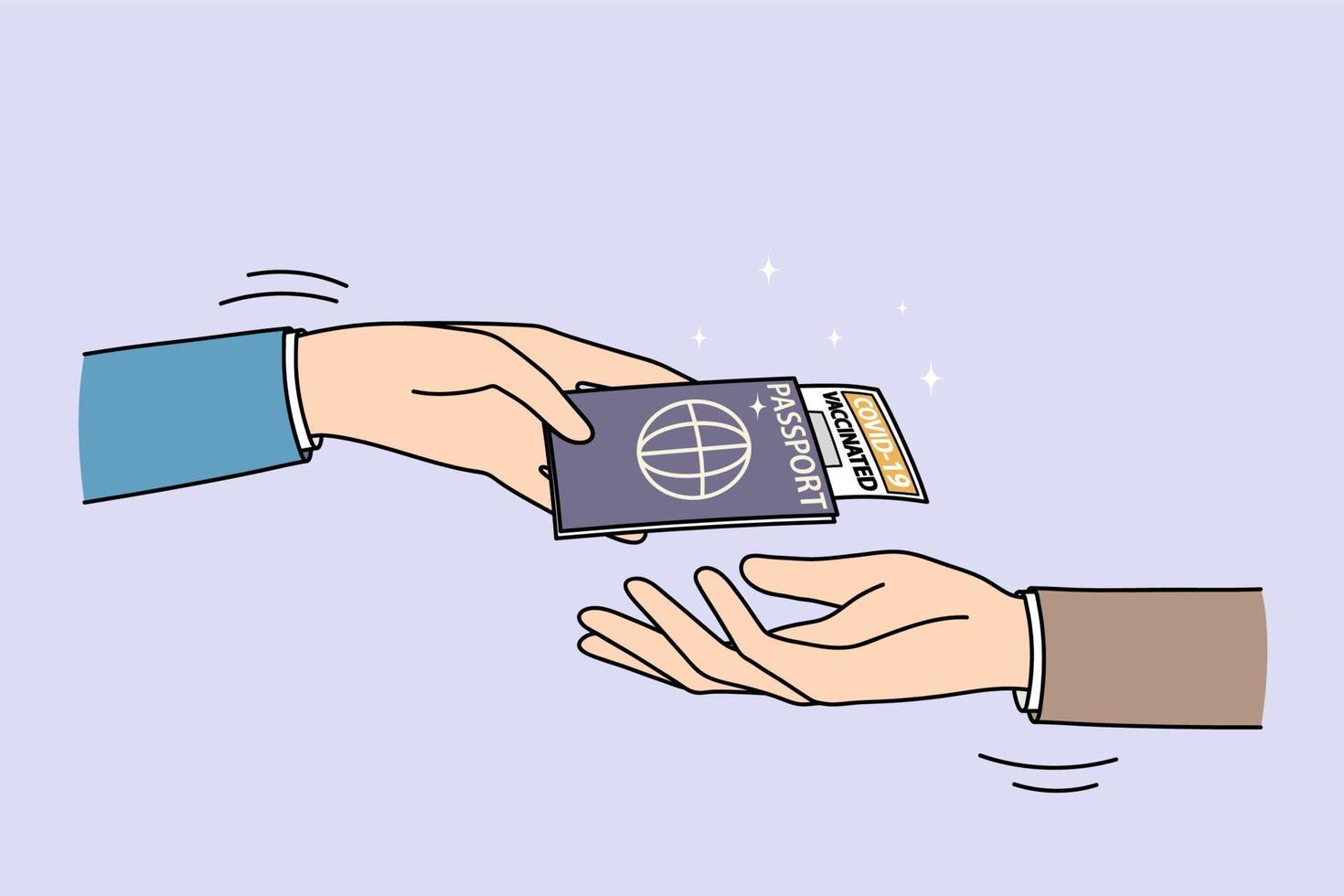 Man present passport with vaccination certificate to steward traveling abroad during covid-19 times. Male customer give document with immunity pass against corona. Flat vector illustration.
