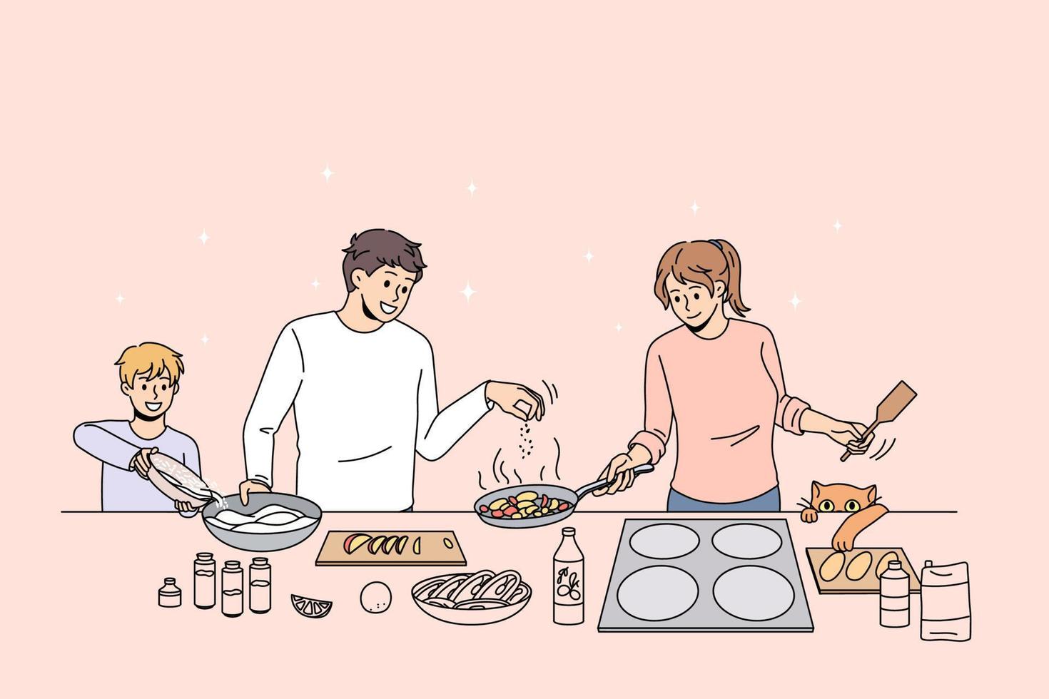 Happy family with small son cooking breakfast together in cozy kitchen. Smiling parents have fun preparing food with child enjoy leisure weekend at home. Unity and bonding. Flat vector illustration.