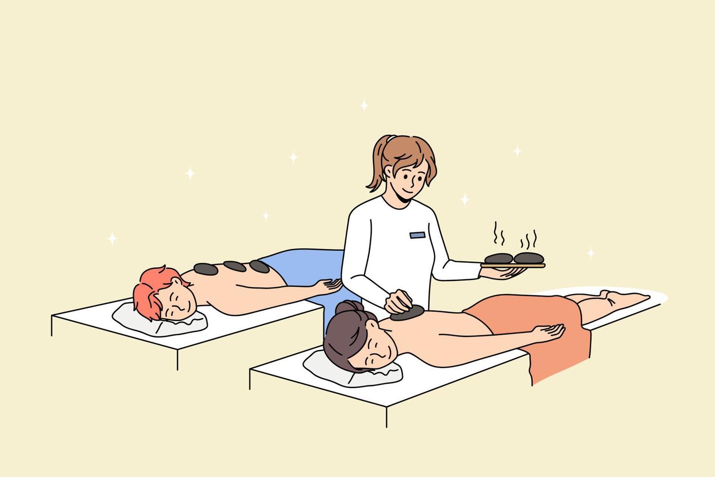 Calm couple relax have hot stone massage therapy in spa together. Happy man and woman rest enjoy body care procedures in saloon or aesthetic clinic. Beauty and cosmetology. Vector illustration.