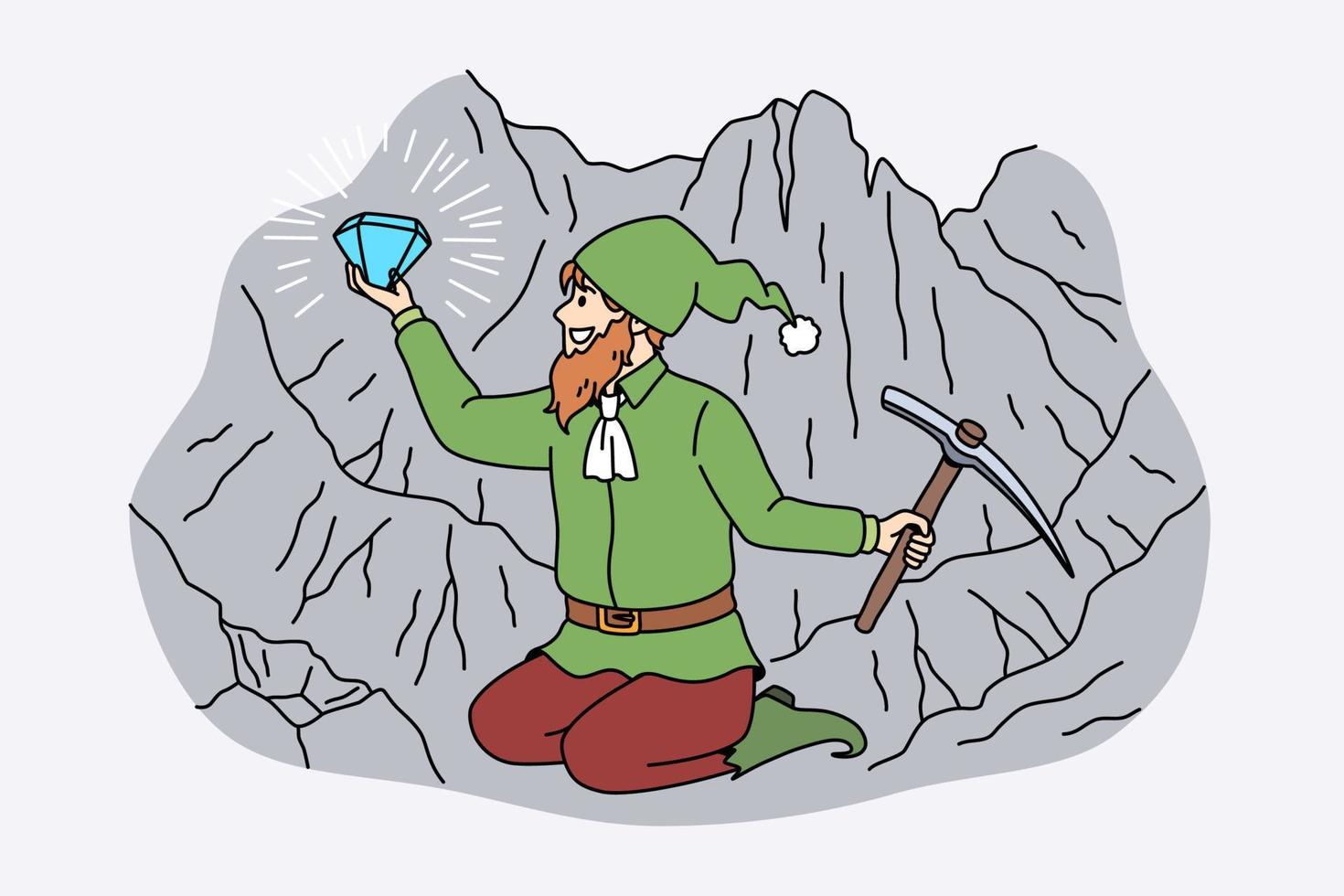 Mining diamonds and precious stones concept. Small smiling troll sitting with hammer holding huge blue diamond in hands vector illustration