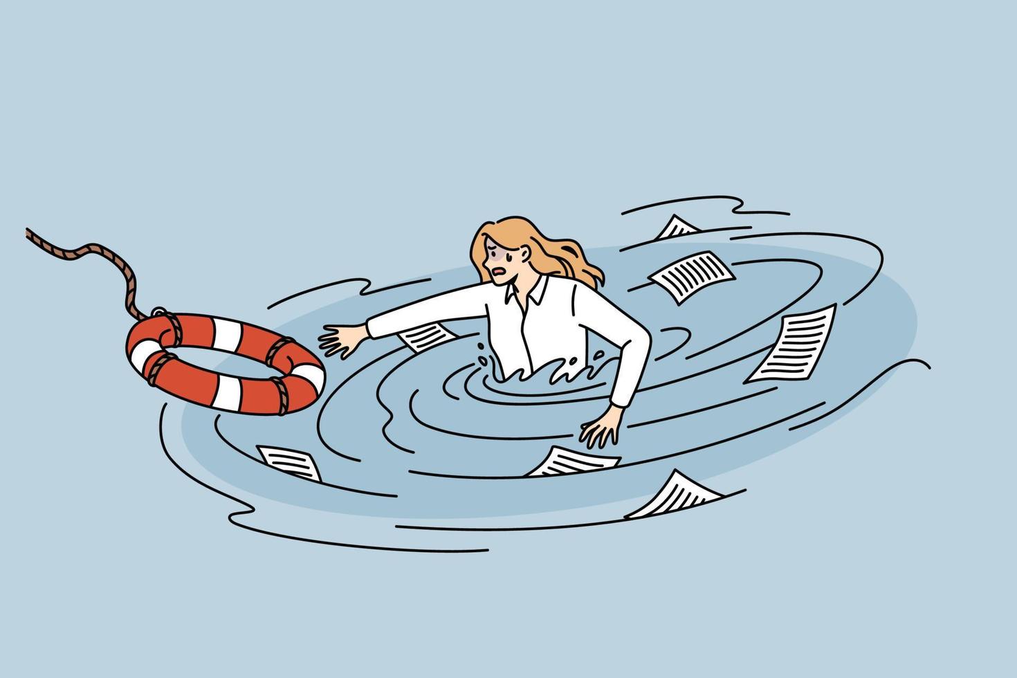 Business crisis and helping hand concept. Stressed business woman drowning in water of her business trying to reach for lifebuoy vector illustration