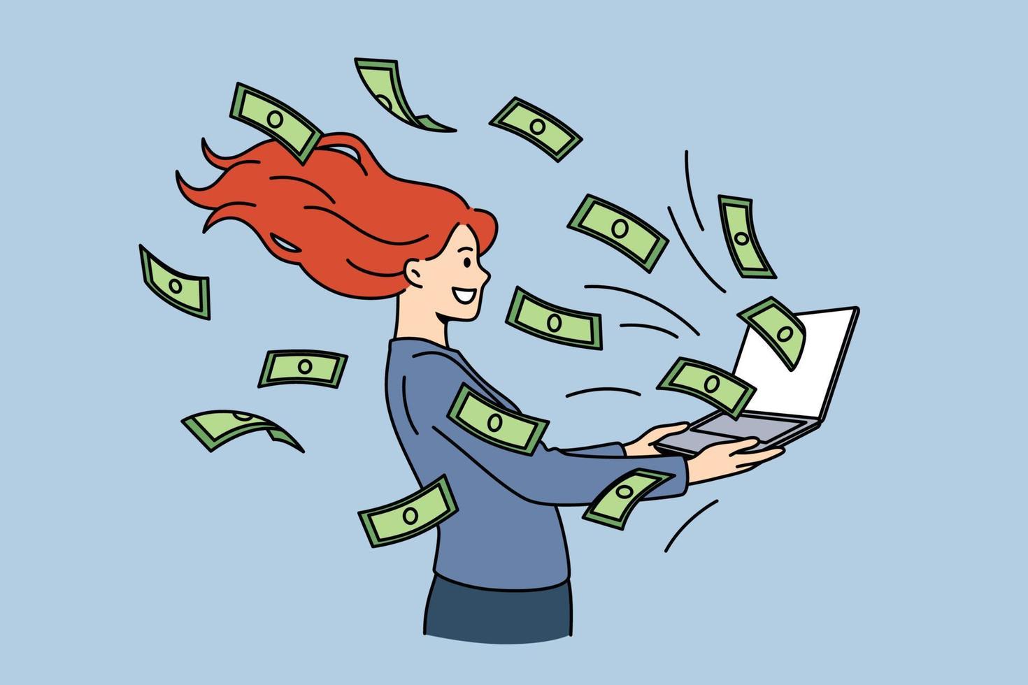 Earning and making money in internet concept. Young smiling woman cartoon character standing holding laptop with flying heaps of cash currency vector illustration