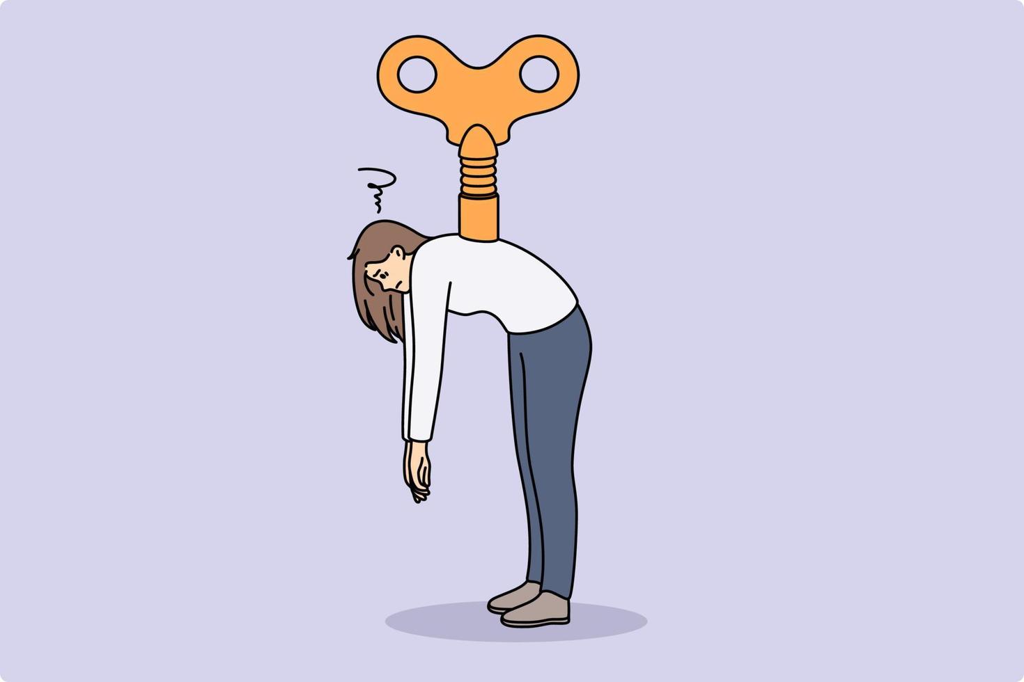 Control manipulation and marionette concept. Young tired woman standing with huge key in her back over grey background vector illustration