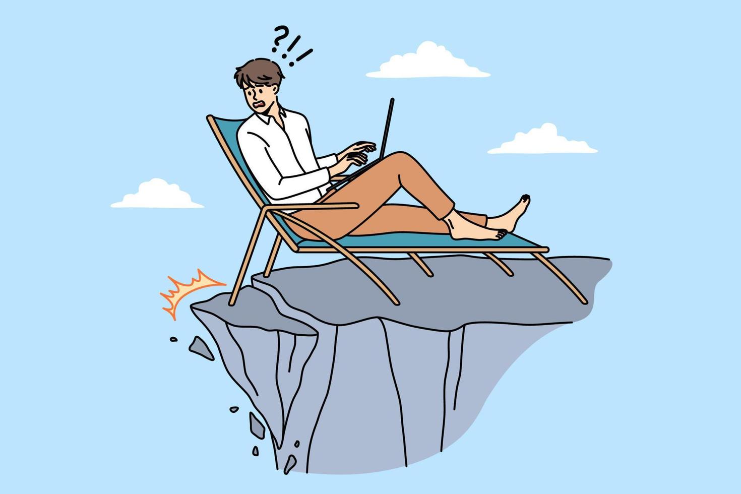 Earthquake and feeling panic concept. Young businessman sitting in chair with laptop and looking at abyss of sudden danger earthquake vector illustration