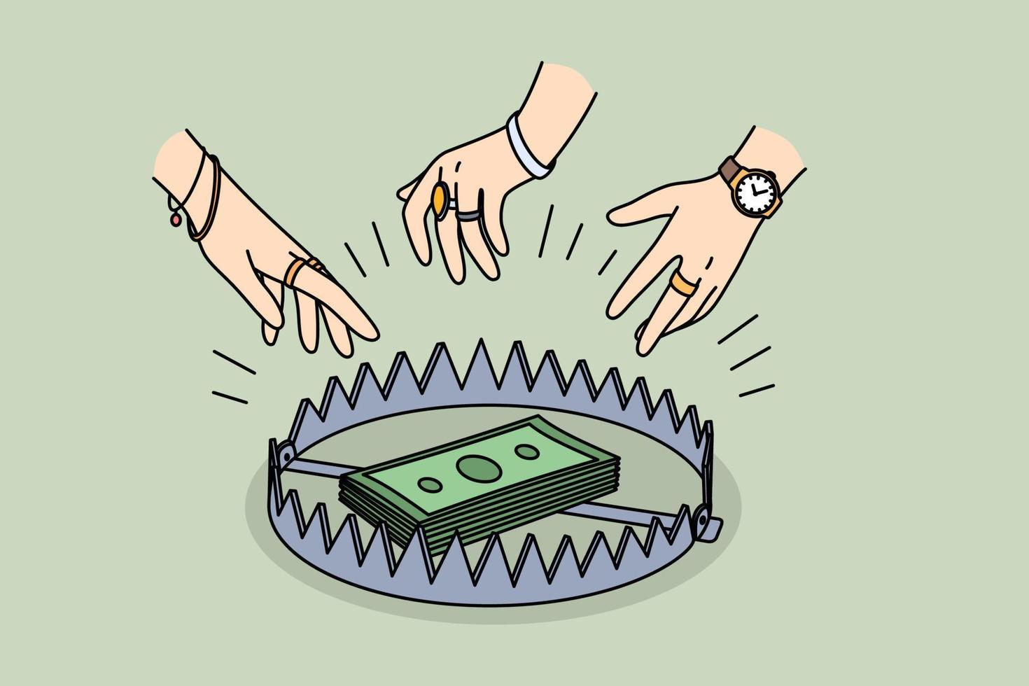 Forbidden money and bribe concept. Human hands reaching for stack of green cash money in trap over green background vector illustration