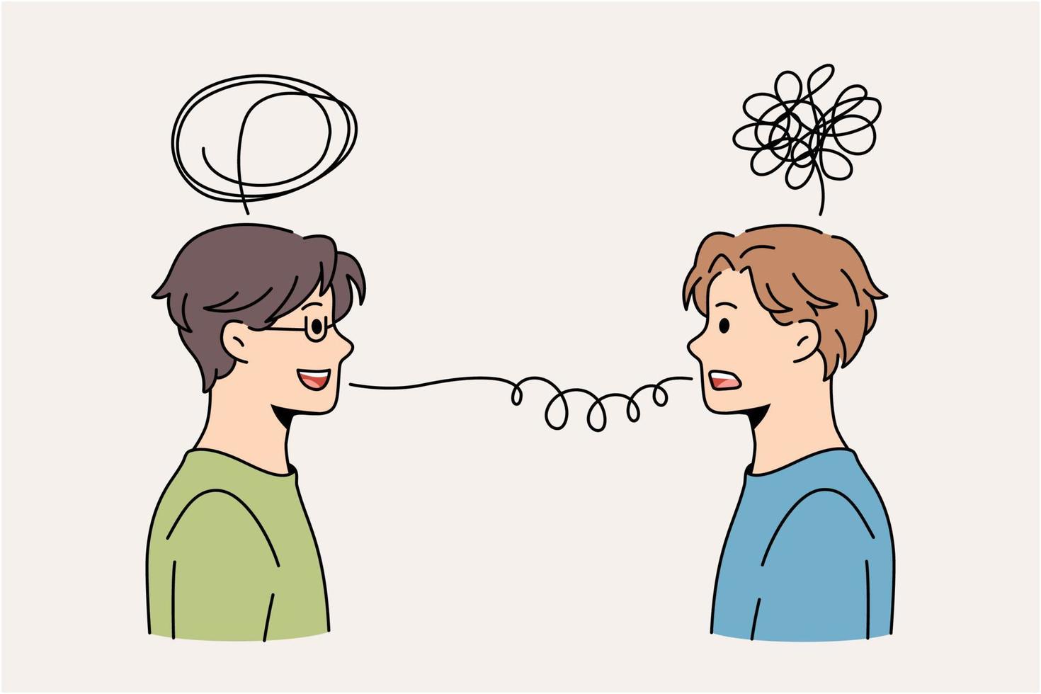 Psychologist and male patient have discussion unravel life problems reel together. Psychiatrist or counselor help man solve troubles at session. Psychology counseling concept. Vector illustration.