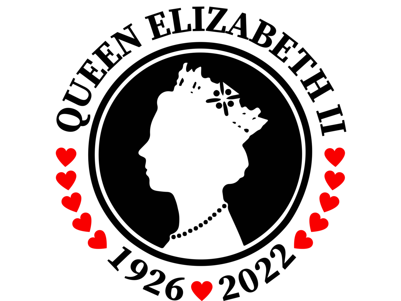 The Queen's Platinum Jubilee celebration background with side profile of Queen Elizabeth in crown. Continuous line art or One Line Drawing PNG