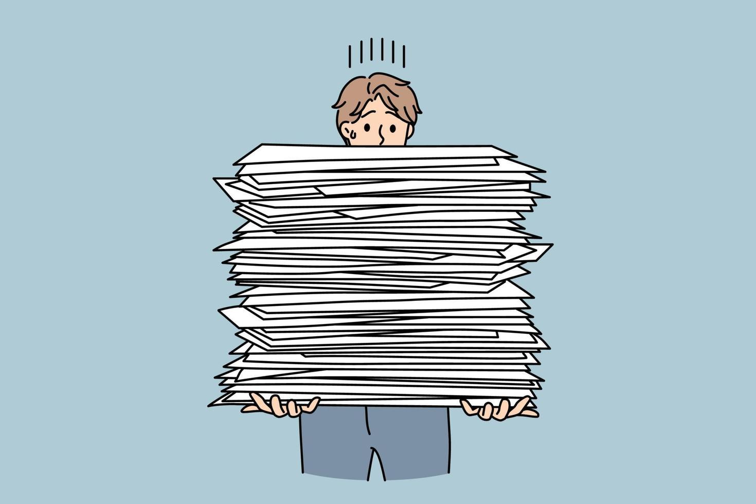 Stressed male employee with stack of paperwork overwhelmed with workload in company. Exhausted man worker tired with paper documents job. Bureaucracy, overwork. Vector illustration.