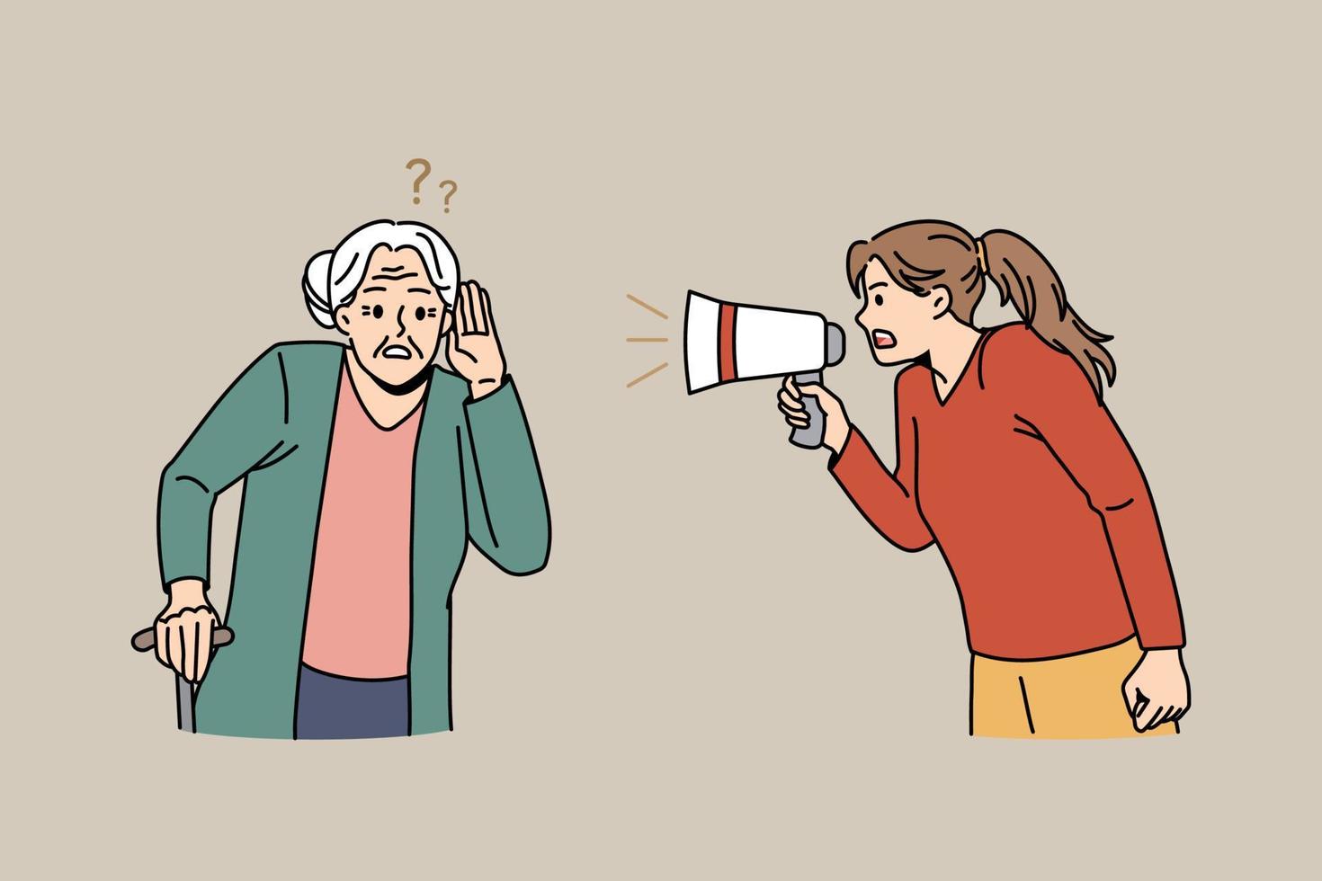 Girl scream in loudspeaker talking to impaired old grandmother suffer from hearing problems. Young female hold speaker shout yell to elderly woman suffer from deafness. Maturity. Vector illustration.