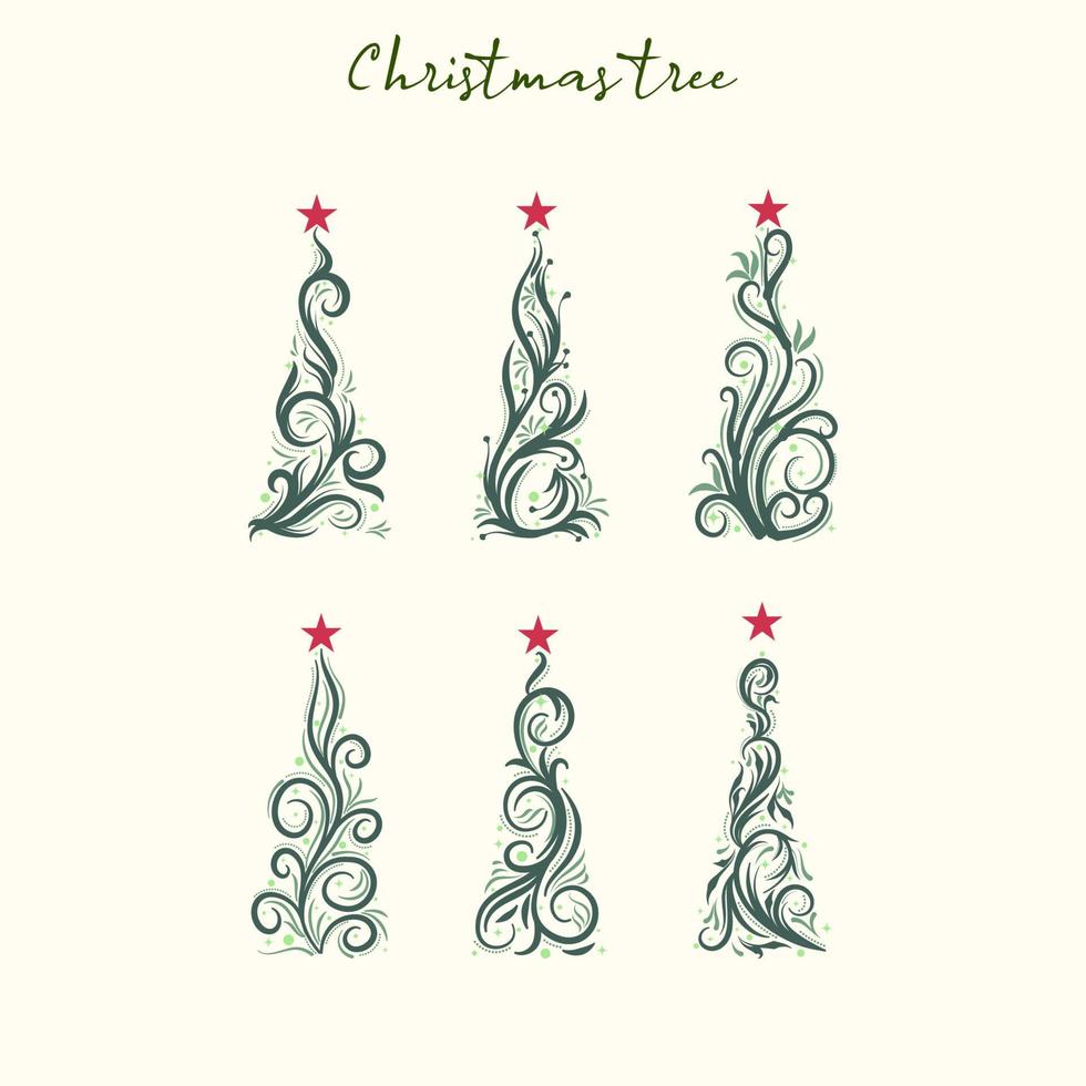 Christmas tree calligraphic swirl line vector set